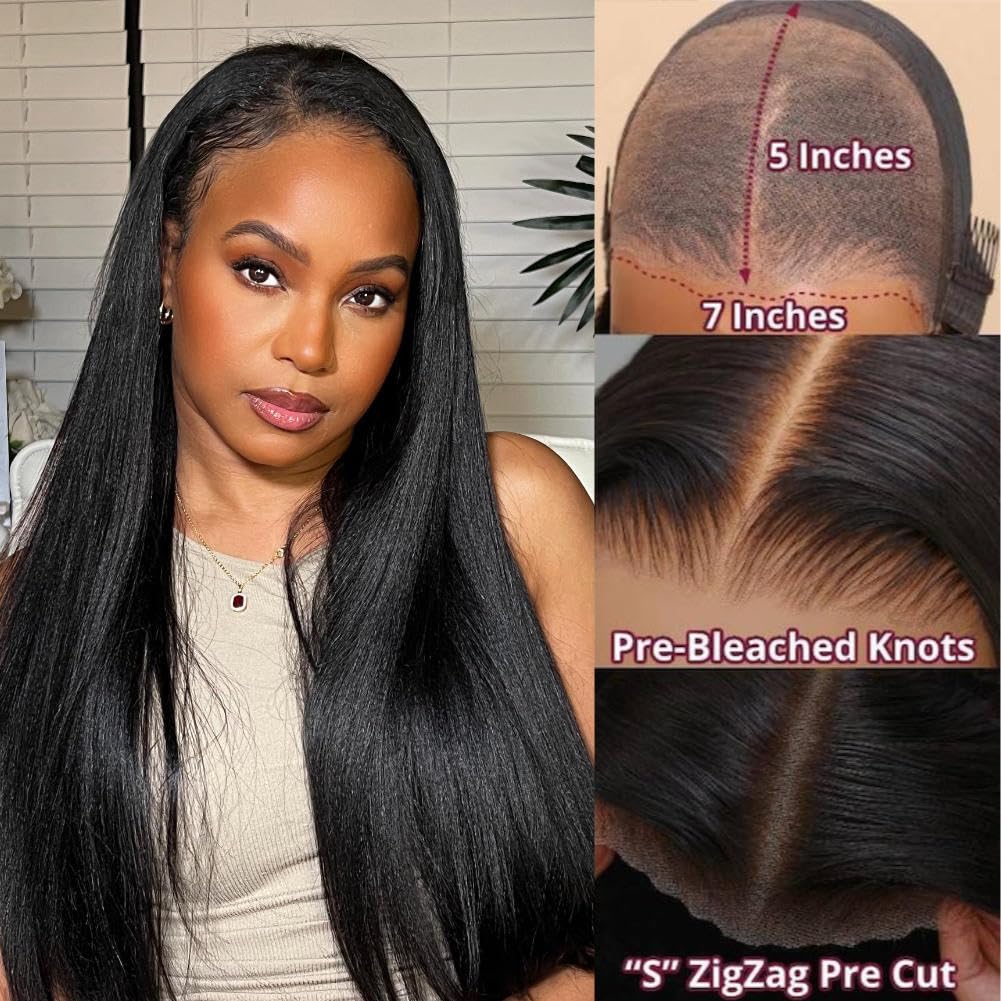 Beauty Forever Bye Bye Knots Put On And Go Glueless Yaki Straight Wig 7X5 Pre-Cut Lace Closure Wig,Easy To Wear Kinky Human Hair