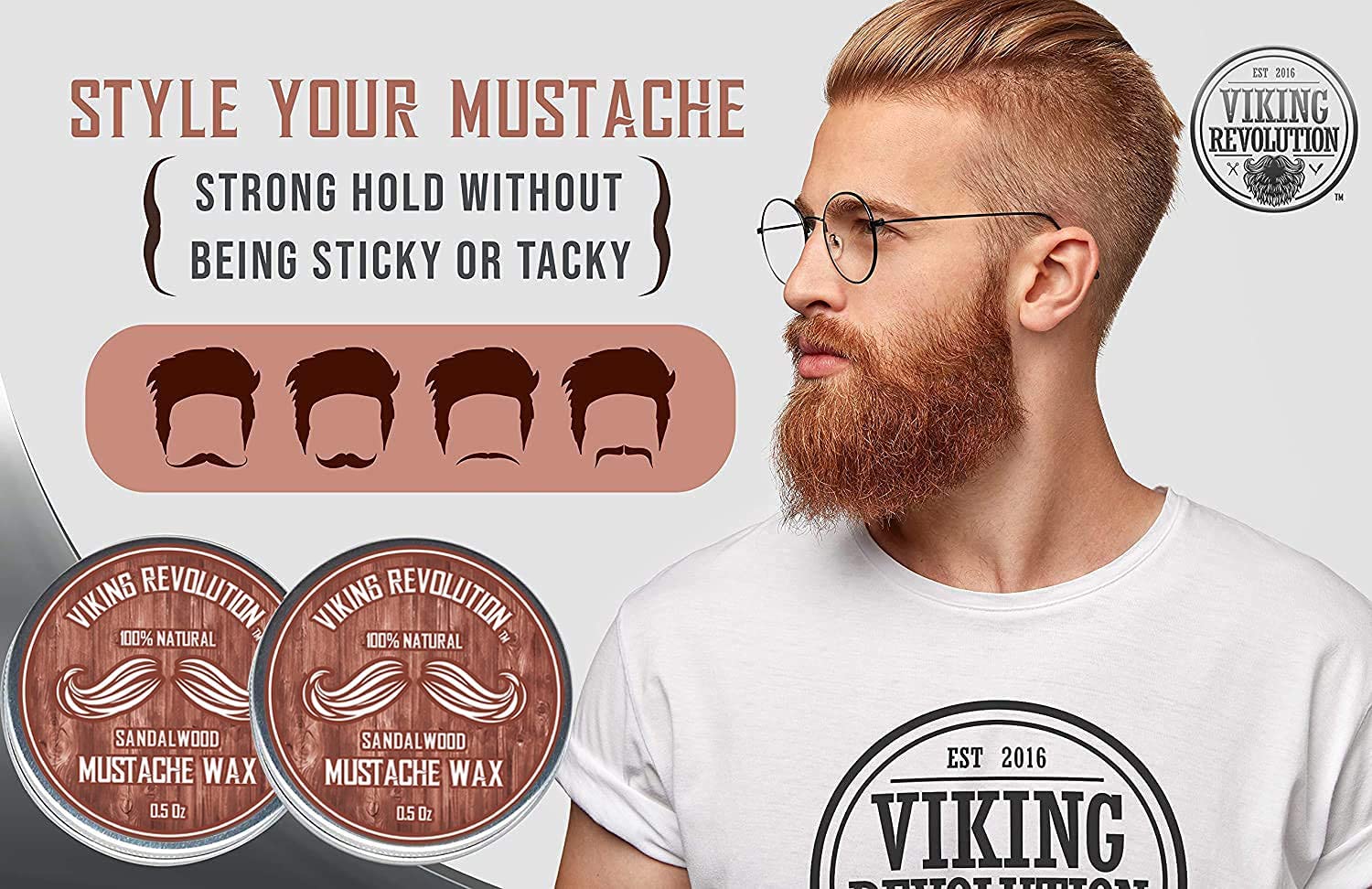 Viking Revolution Mustache Wax 2 Pack - Beard & Moustache Wax For Men - Strong Hold Helps Train Tame & Style (Sandalwood, 2 Pack