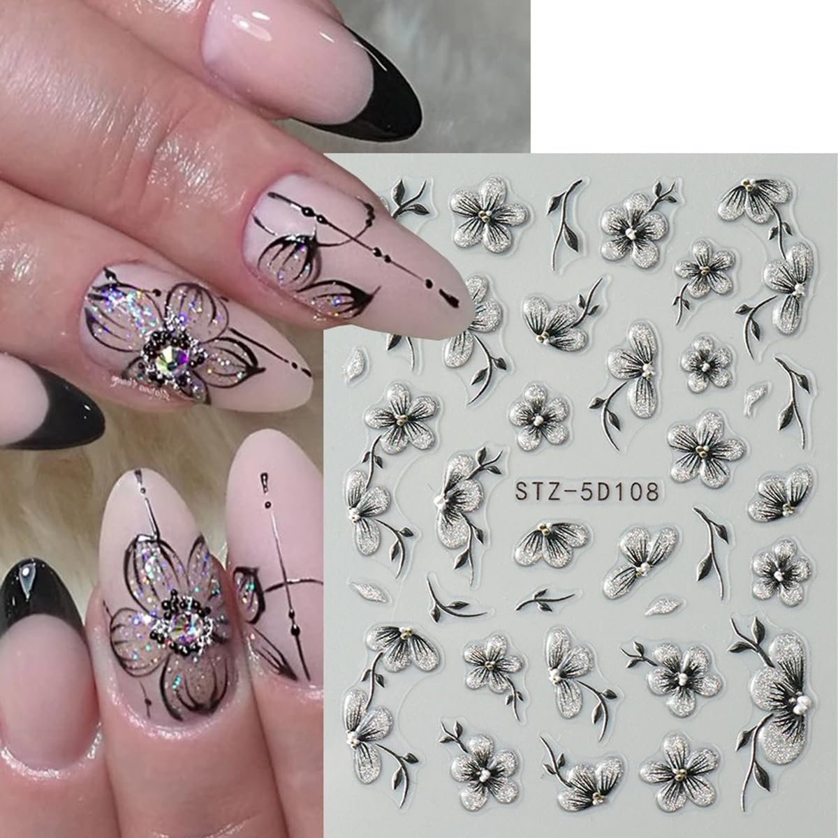 Flower Nail Art Stickers Decals 5D Embossed Flower Nail Decals Nail Art Supplies Watercolor Ink Floral Leaf Petal Design Summer