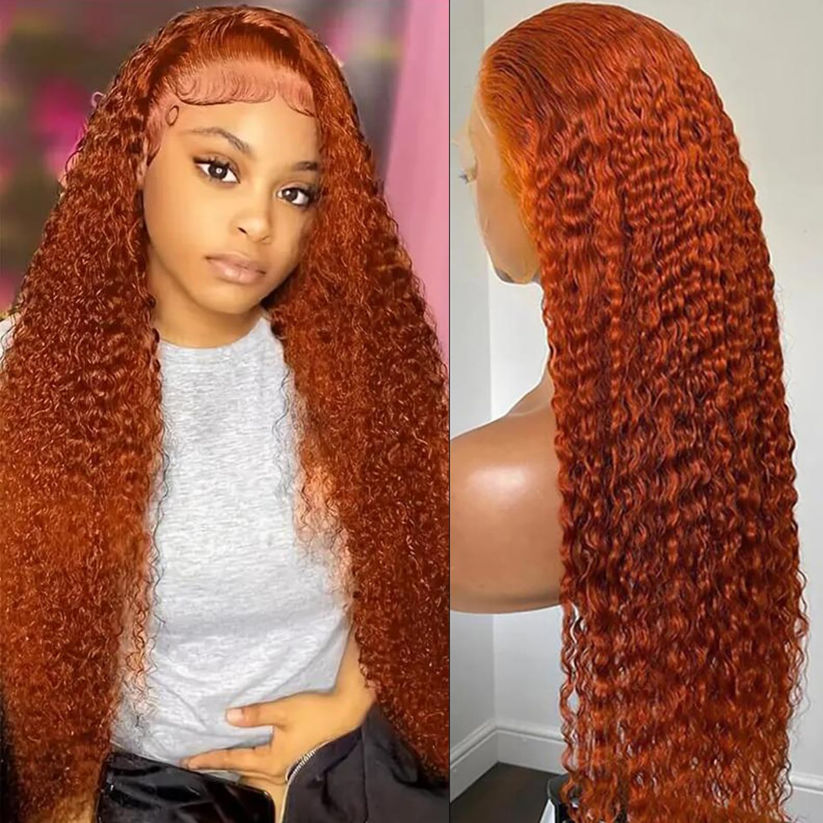 13x6 Ginger Curly Lace Front Wigs Human Hair Orange Ginger Deep Wave Hd Transparent Lace Frontal Wig for Women 180% Density Glue