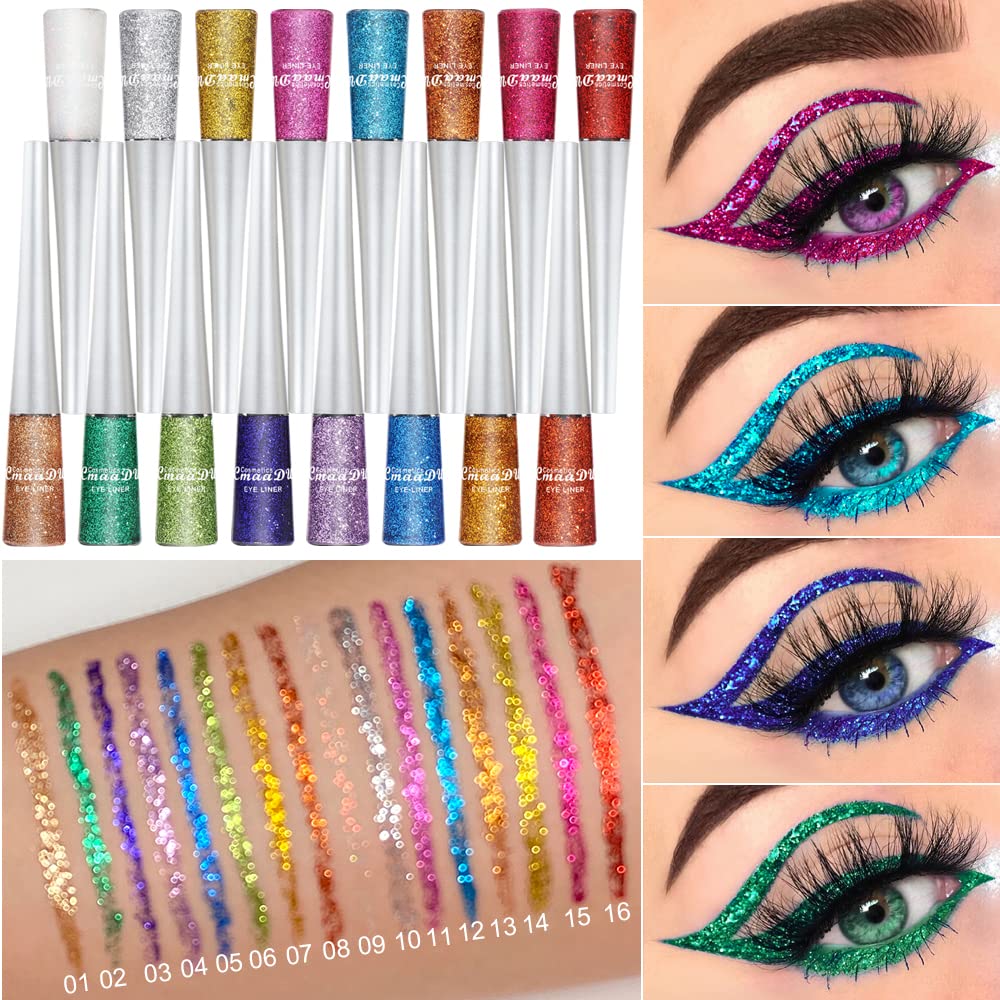 Bonnie Choice 16 Colors Glitter Eyeliner Liquid Set, Metallic Shimmer Glitter Eyeshadow, Waterproof Long Lasting White Silver Ro