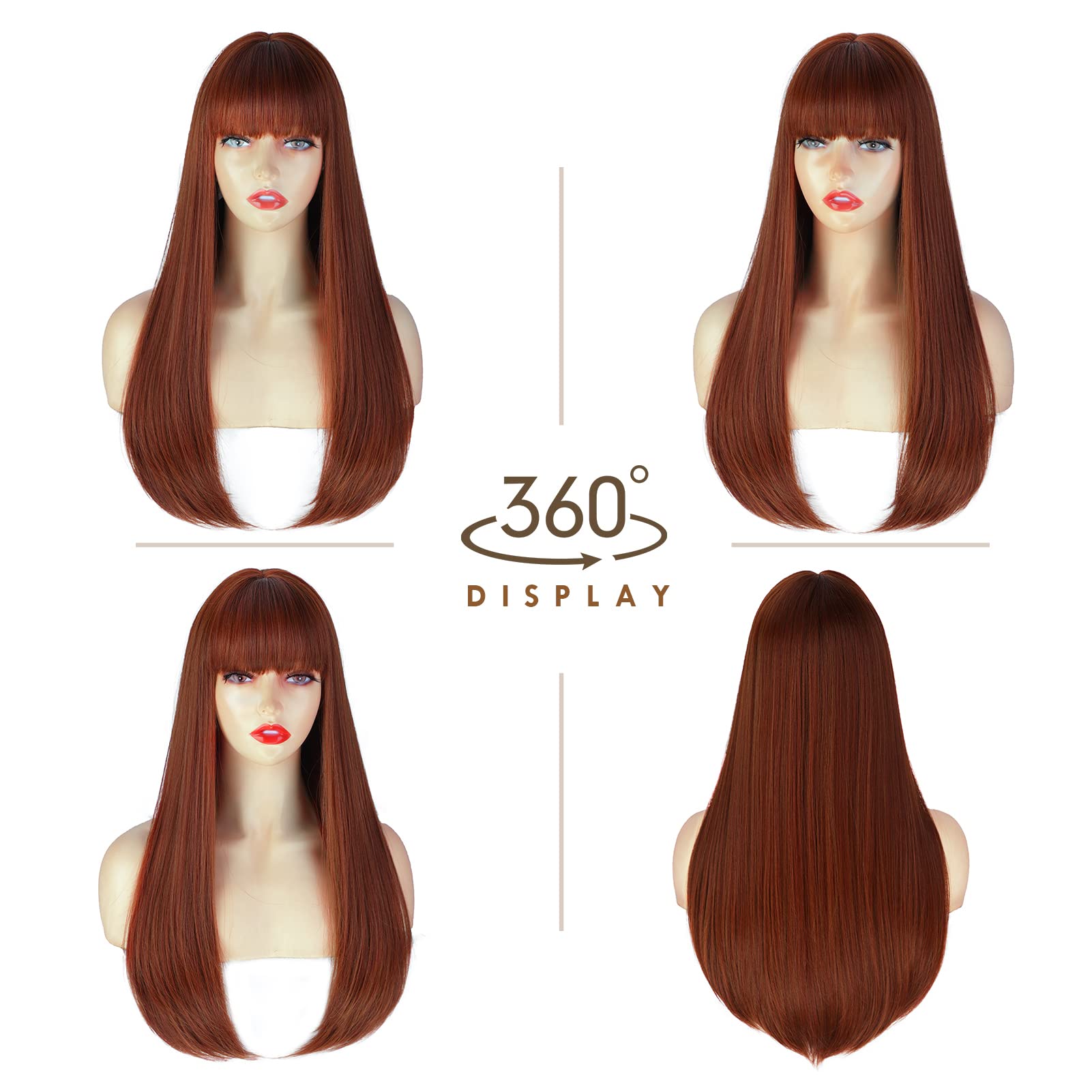Entranced Styles Auburn Wigs For Women Long Straight Wig With Bangs Reddish Brown Wig Colored Cosplay Wig Heat Resistant Synthet