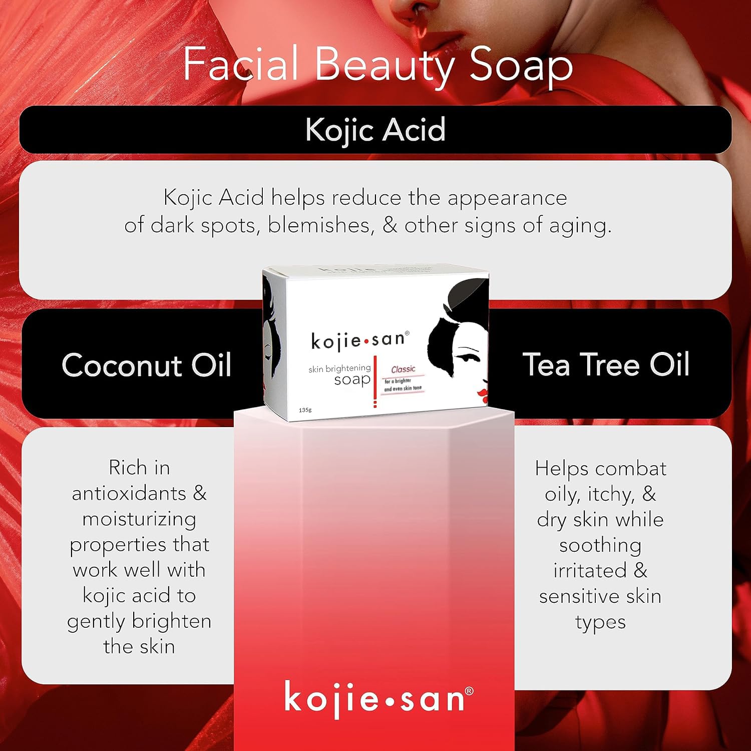 Kojie San Skin Brightening Soap - Original Kojic Acid, Dark Spot Remover Bar Soap With Coconut & Tea Tree Oil 135G X 5 Bars