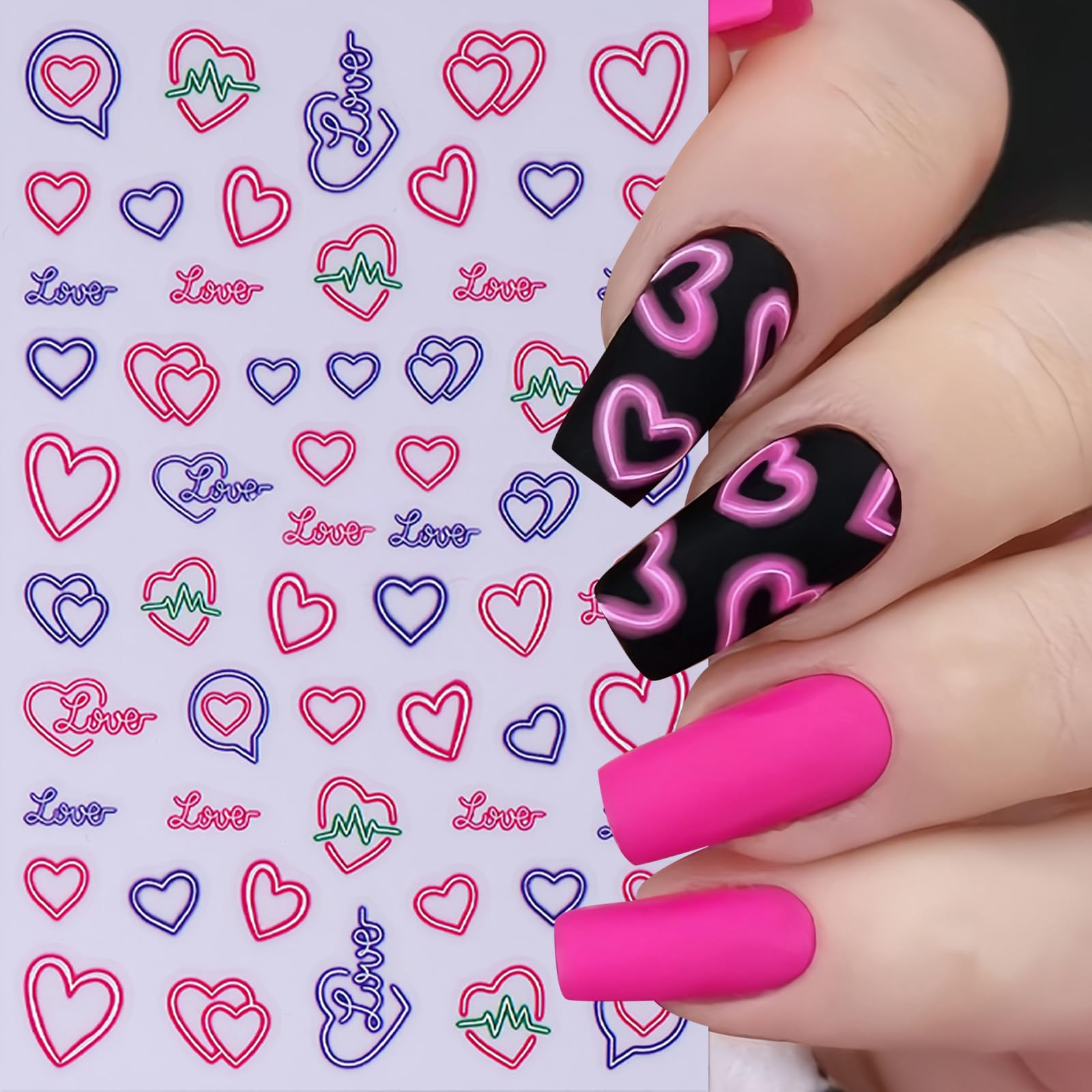 5Pcs Valentine'S Day Nail Art Stickers Rose Heart Flower Nail Stickers 3D Self-Adhesive Love Heart Nail Decals Purple Pink Hollo