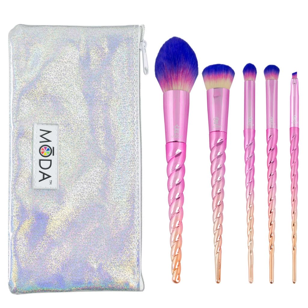 MODA Mythical, Full Size Star Traveler 6pc Unicorn Makeup Brush Set with Pouch, Includes - Blush, Complexion, Domed Shadow, Crea