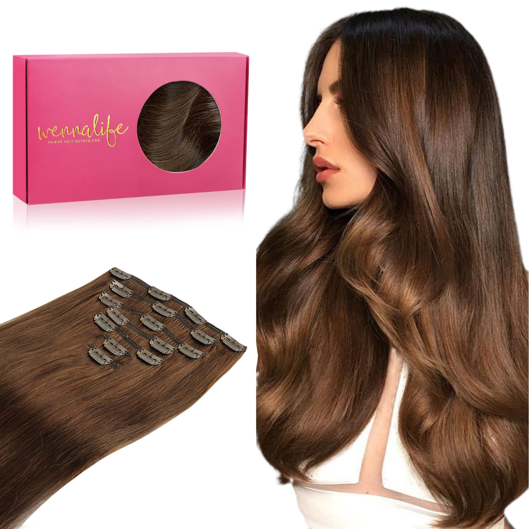 Wennalife Clip In Human Hair Extensions, 22 Inch 120G 7Pcs Chocolate Brown Hair Extensions Clip In Human Hair Remy Clip In Hair