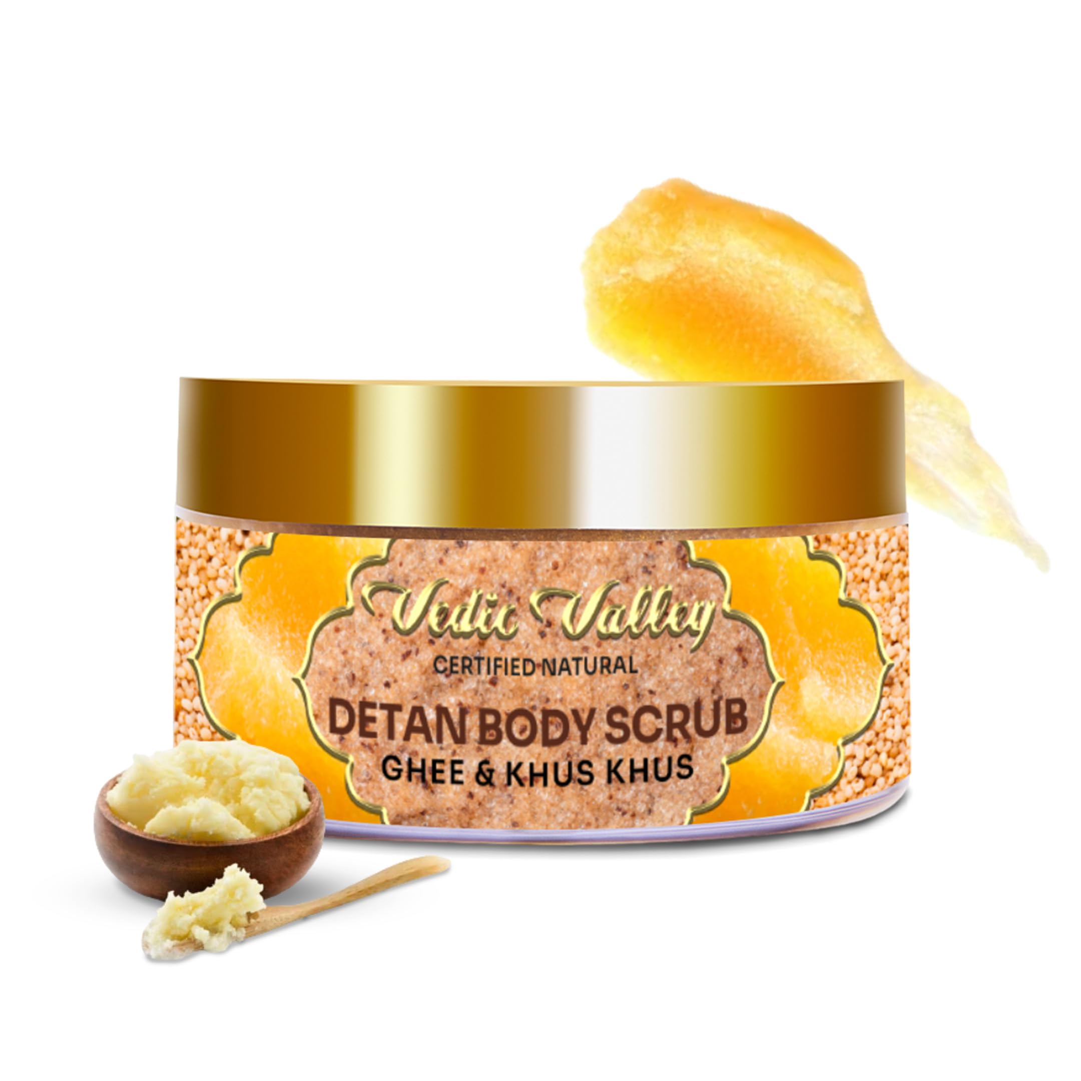 Vedic Valley Ayurvedic Detan Ghee Khus Khus Body Scrub With Organic Actives | Removes Dirt & Dead Skin From Neck, Knees, Elbows 