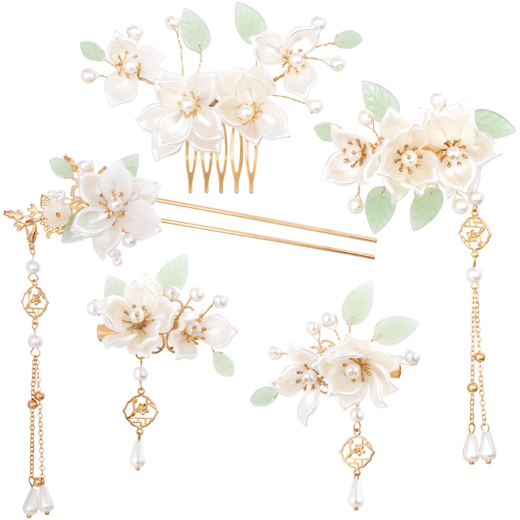 Hinzic 5Pcs Camellia Flower Tassels Hairpin, Crystal Rhinestone Pearl Hair Clips Headpiece Retro Chinese Hanfu Wedding Brides Ha