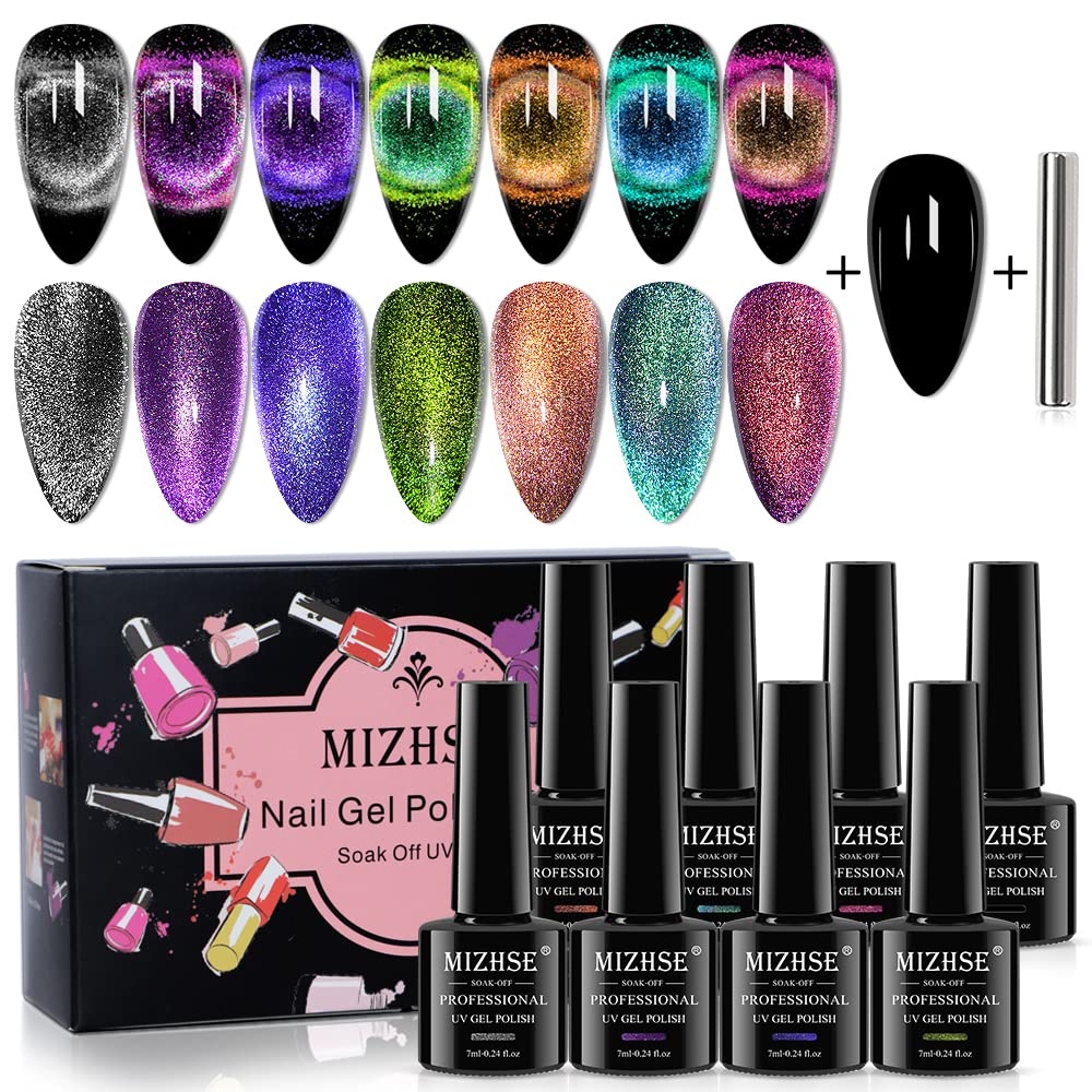 Mizhse 2 In 1 9D Cat Eye Gel Nail Polish Kit, Upgraded No Need Extra Top Coat, Magnetic Gel Polish Set With Magnet, Shiny Chamel