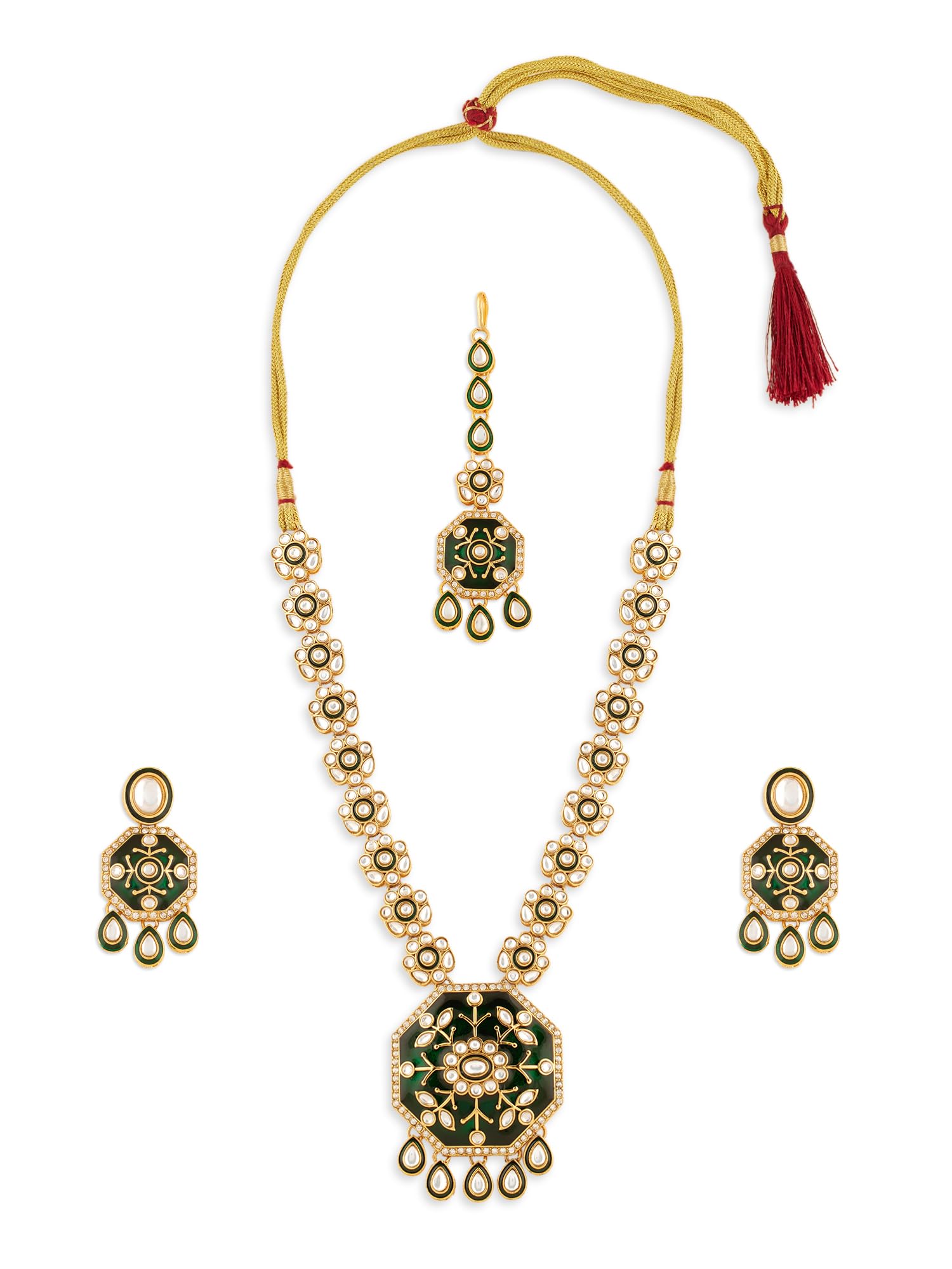 Zaveri Pearls Green Meenakari Dazzling Stones Embellished Necklace Earring & Maangtikka Set For WomenZpfk21658