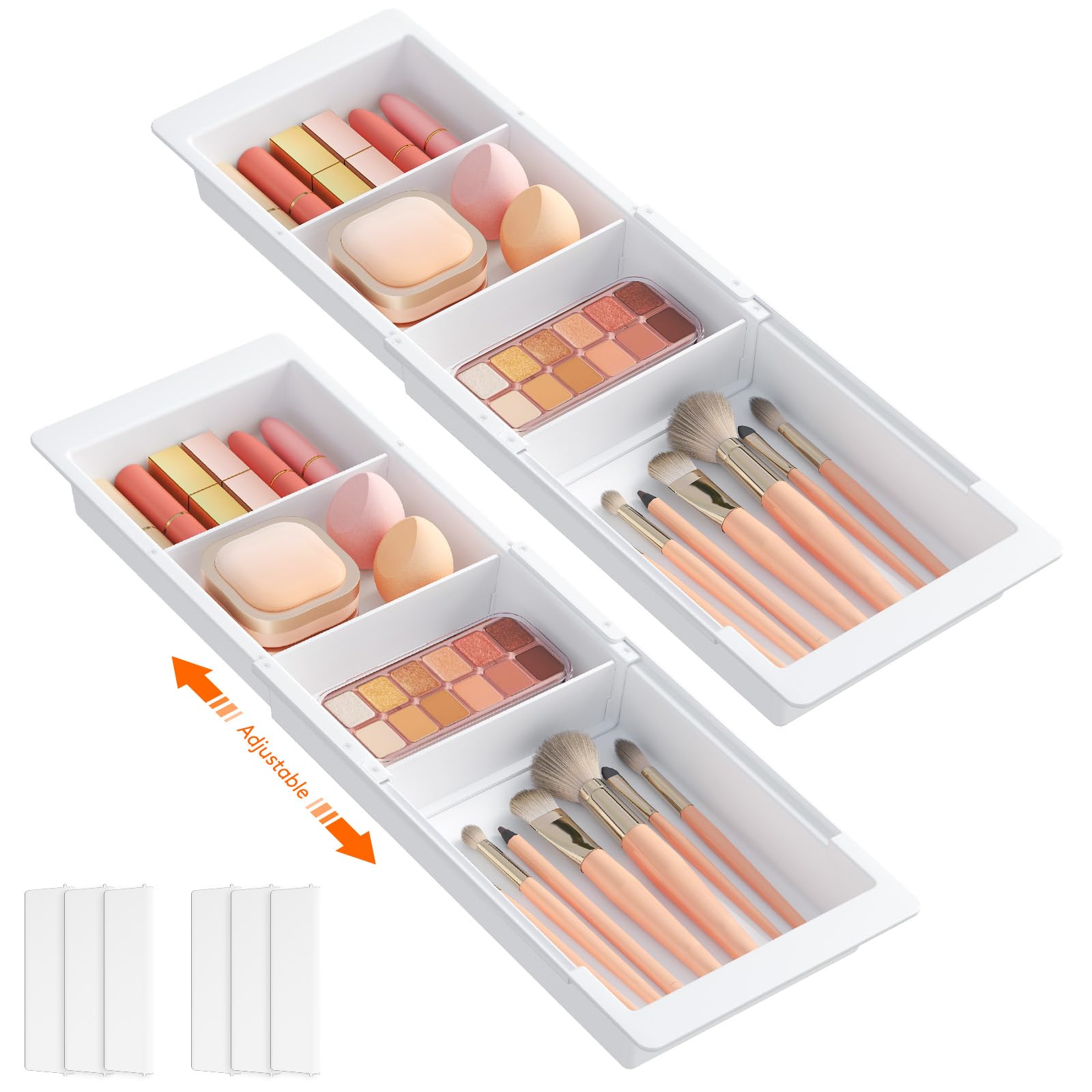 Lifewit 2 Pack Sliding Makeup Drawer Organizer Trays with Inserts, Extendable Hanging Desk Drawer Divider, Fits 13-20 Deep Drawe