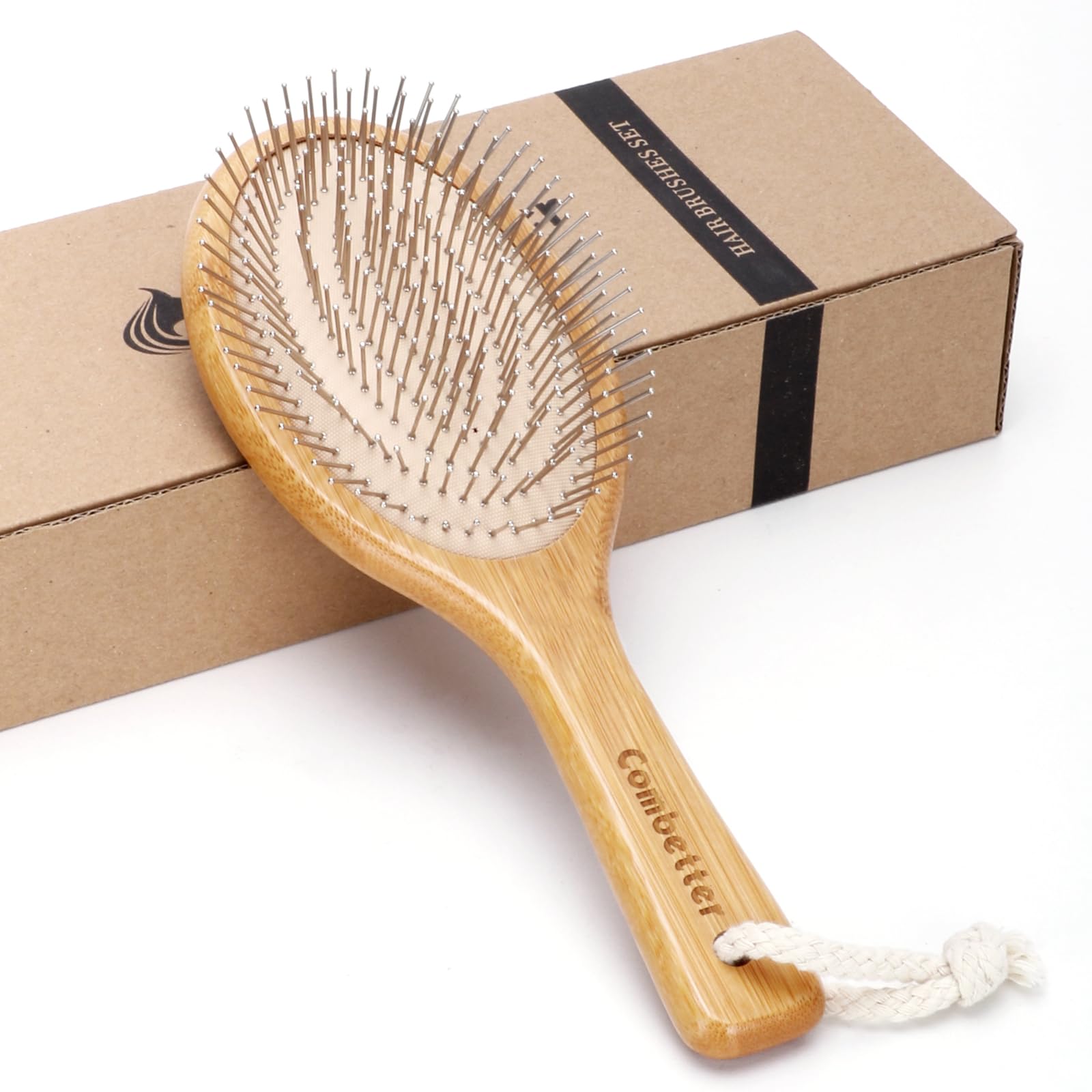 Bamboo Hair Brush Combetter, Smoothing Hair&Massage, Detangling Anti-Static Hairbrush, Natural Wood Comb with Metal Bristles for