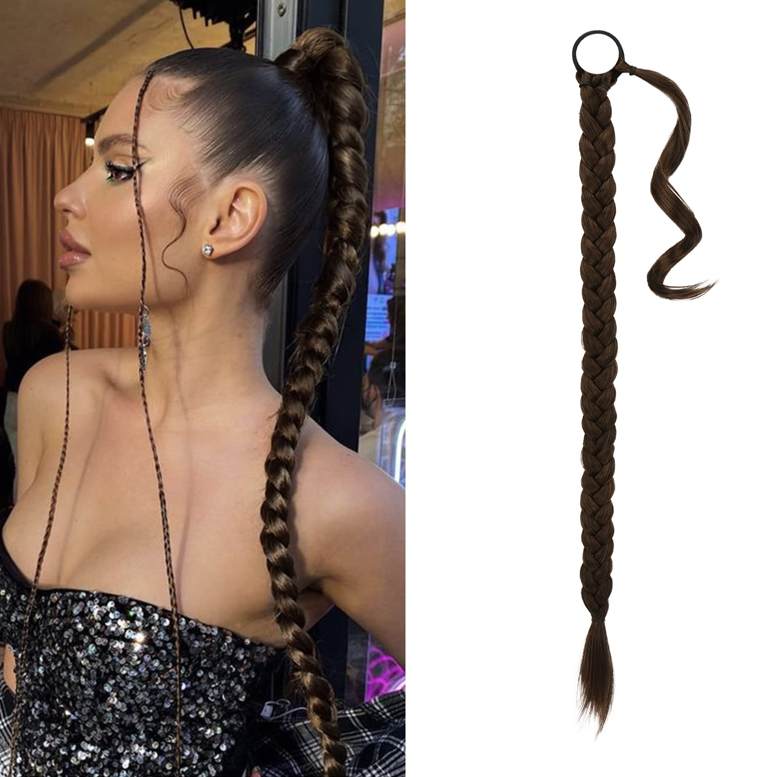 BARSDAR 34 Inch Long Braided Ponytail Extension with Hair Tie Straight Wrap Around Hair Extensions Pony Tail DIY Natural Soft Sy