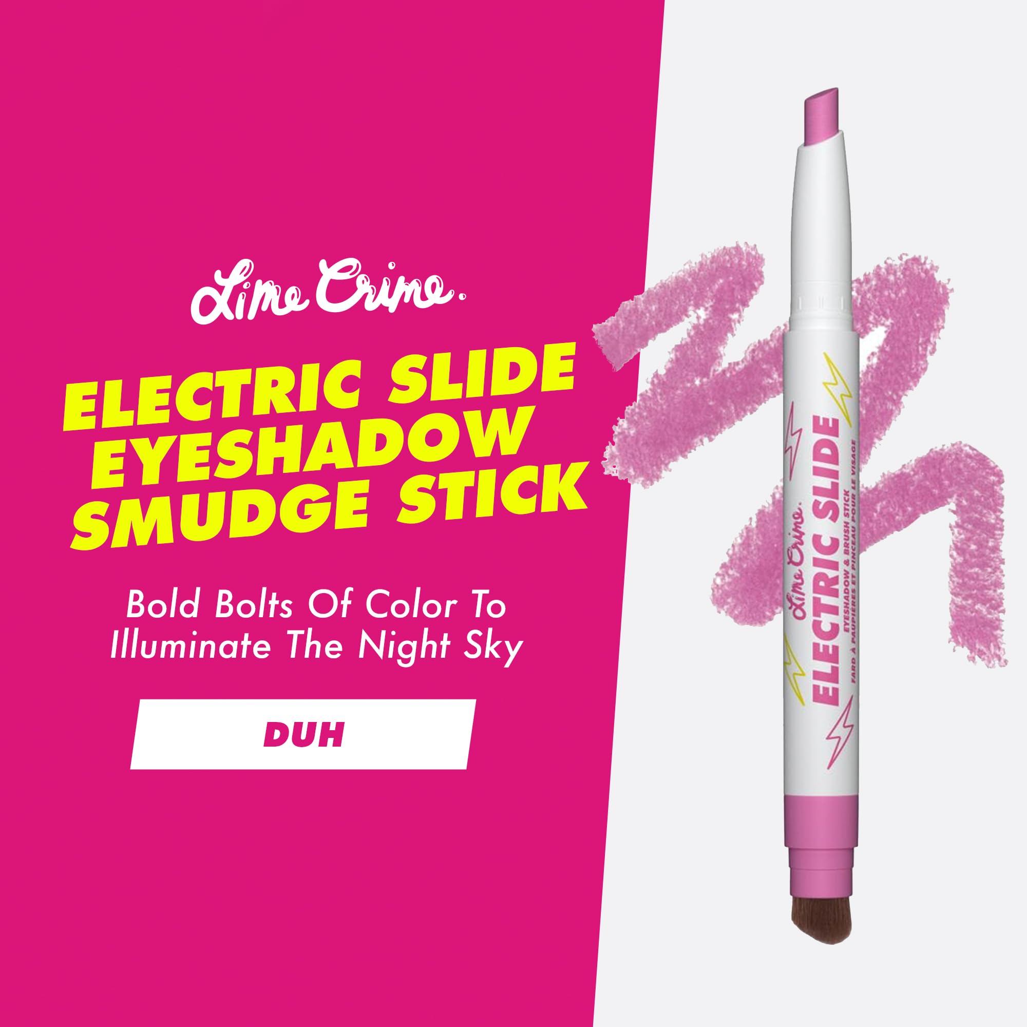 Lime Crime Electric Slide Eyeshadow & Brush Stick, DUH (Metallic Magenta) - Lightweight 2-in-1 Eyeshadow Smudge Stick with Angle