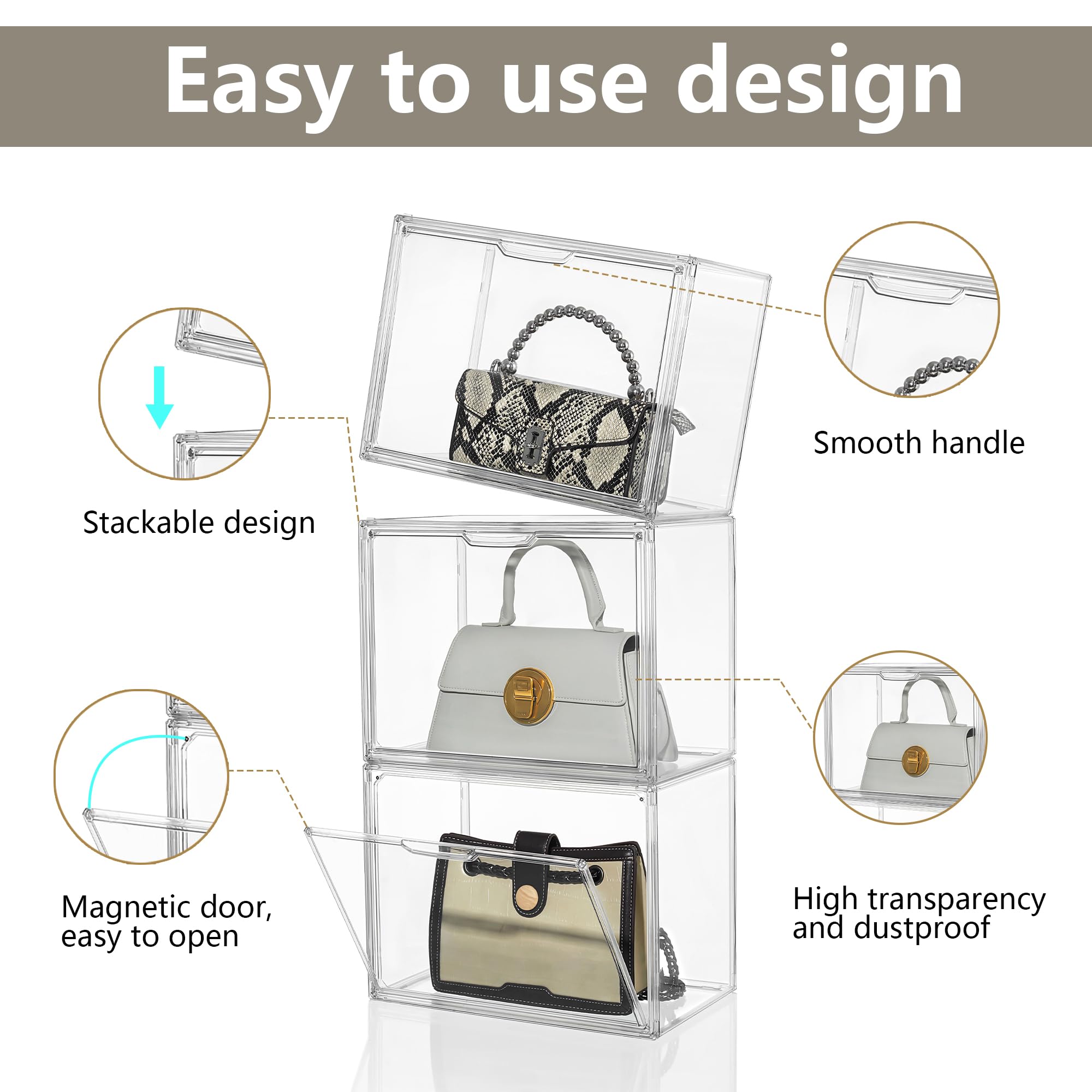 Attelite Purse Organizer for Closet, 5 Pack X-Large Handbags Storage Organizer,Stackable Storage Bins for Collectibles, Cosmetic
