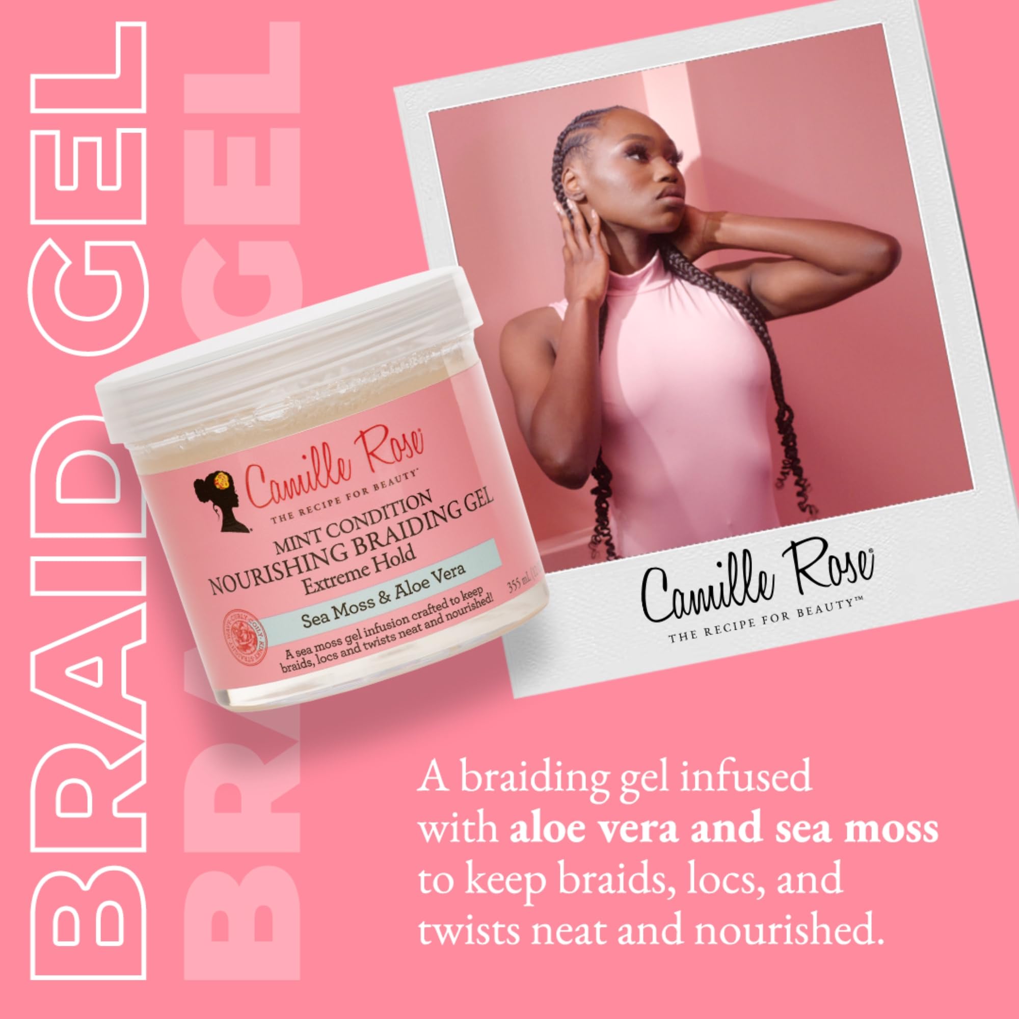 Camille Rose Mint Condition Braid Gel, With Aloe And Sea Moss, For Moisture, Shine, And Curly To Coily Hair Types, 12 Oz