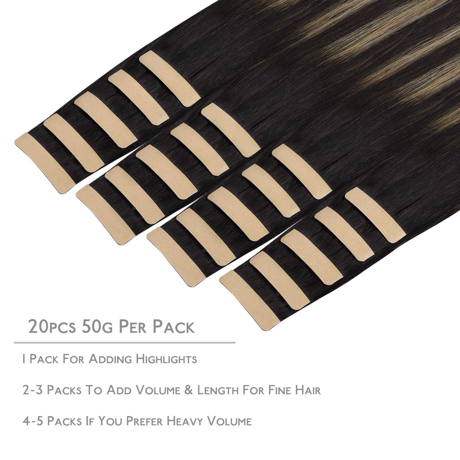 Wennalife Tape In Hair Extensions Human Hair, 20Pcs 50G 16 Inch Natural Black To Light Blonde Remy Hair Extensions Straight Huma
