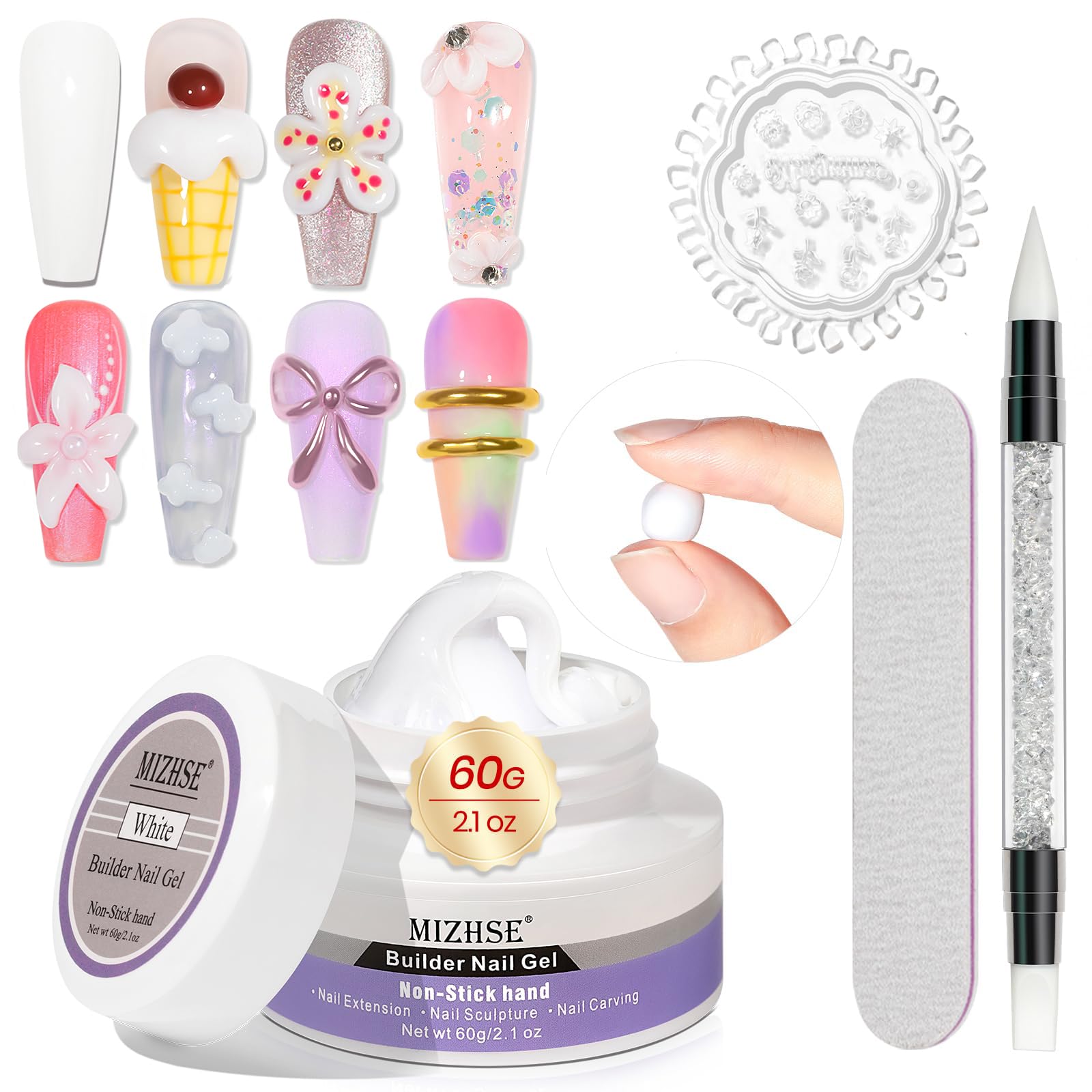 MIZHSE Solid Builder Gel for Nails, 60g White 3D Gel Nail Art Sculpture Gel Non-Sticky Carving Nail Extension Soak Off UV LED Ha