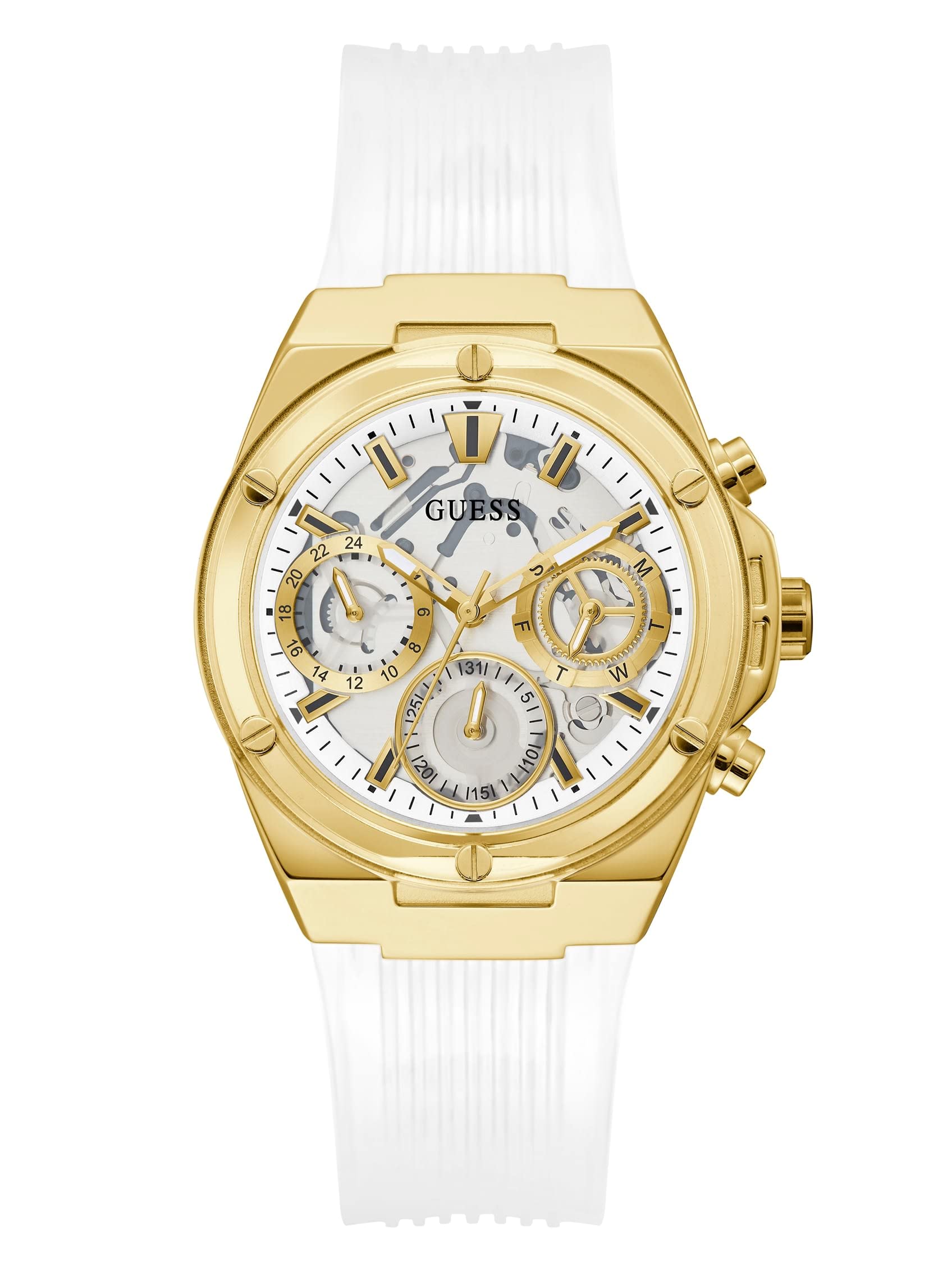 Guess Plastic Clear Dial Women Analog Watch  Gw0409L2, Dial_Gold, Band_Grey