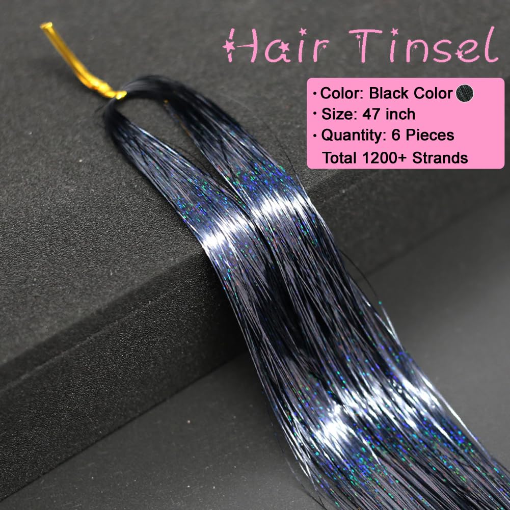 Missuhui Hair Tinsel Kit With Tools 47Inch 1200 Strands Glitter Tinsel Hair Extensions Sparkling Shiny Fairy Hair Tinsel Strands
