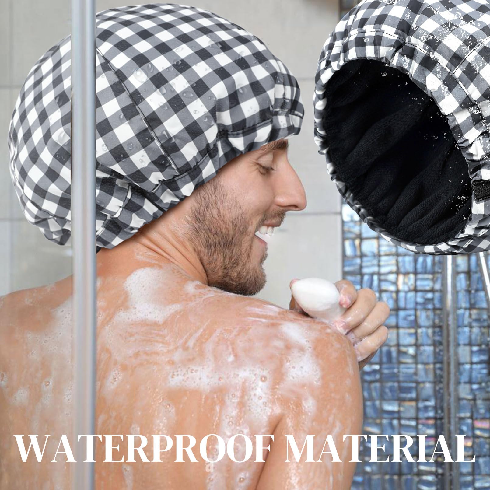 Shower Cap For Men Black White Plaid Bath Cap, Reversible Large Waterproof Adjustable Shower Caps Terry Lining & Elastic Band St
