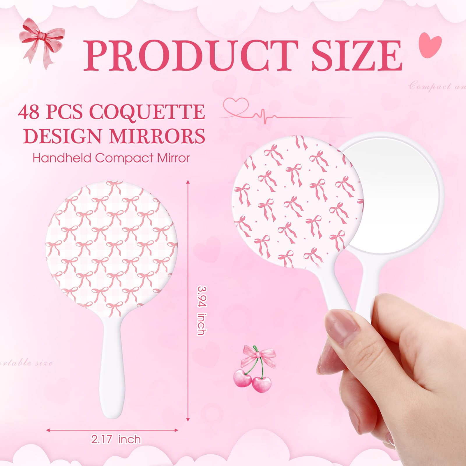 Chunful 48 Pcs Pink Bow Handheld Mirror Bulk Travel Makeup Small Round Mirror Gifts for Women Birthday Wedding Party Favors