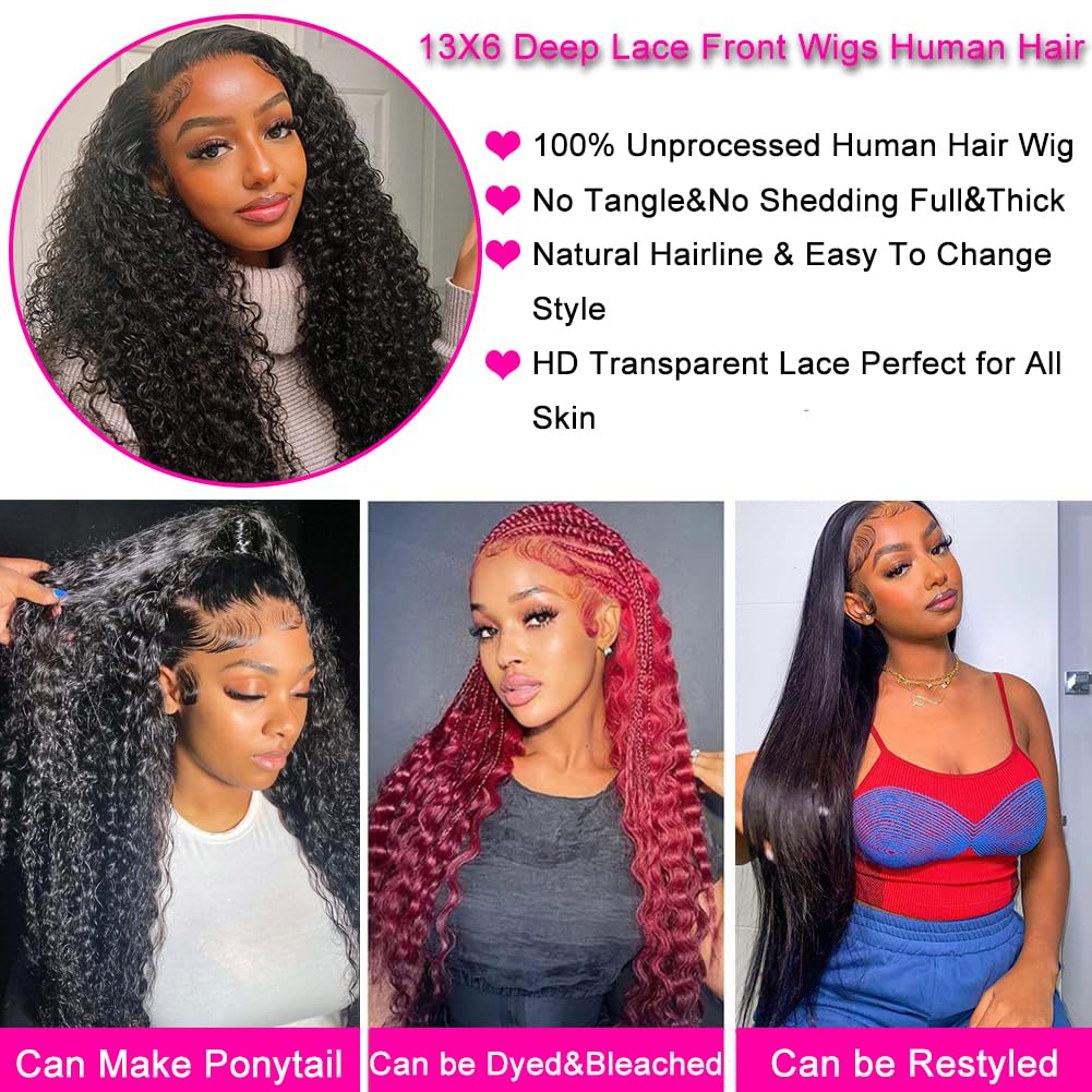 Hswpawk Lace Front Wigs Human Hair Pre Plucked 180% Density 13X6 Deep Wave Wigs Human Hair Glueless Wigs For Women Curly Wigs Hd