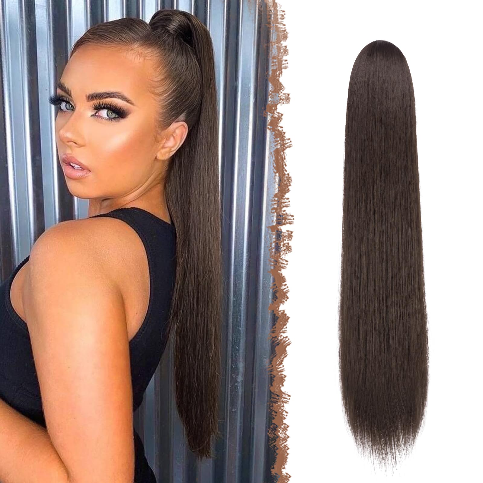 FESHFEN Drawstring Ponytail Extensions Long Straight Clip in Pony Tails Synthetic Hair Pieces Ponytails Hairpieces for Women, Br