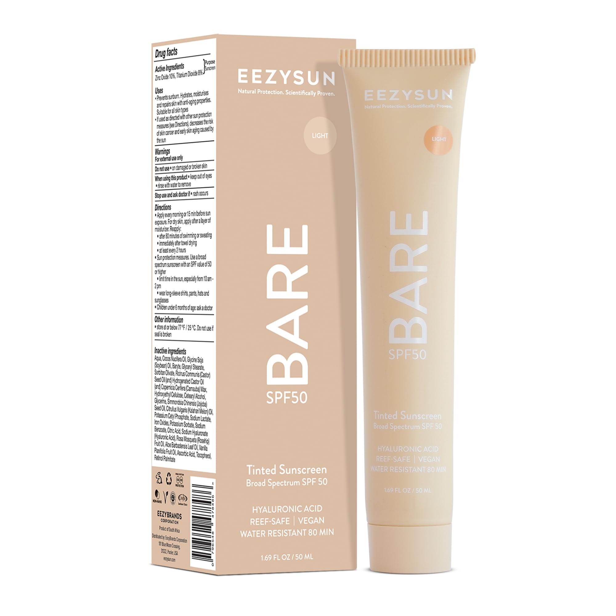 EEZYSUN BARE Tinted Sunscreen for Face SPF 50 - Non-Greasy, Weightless, Water-Resistant, Vegan & Reef-Safe Tinted Moisturizer wi