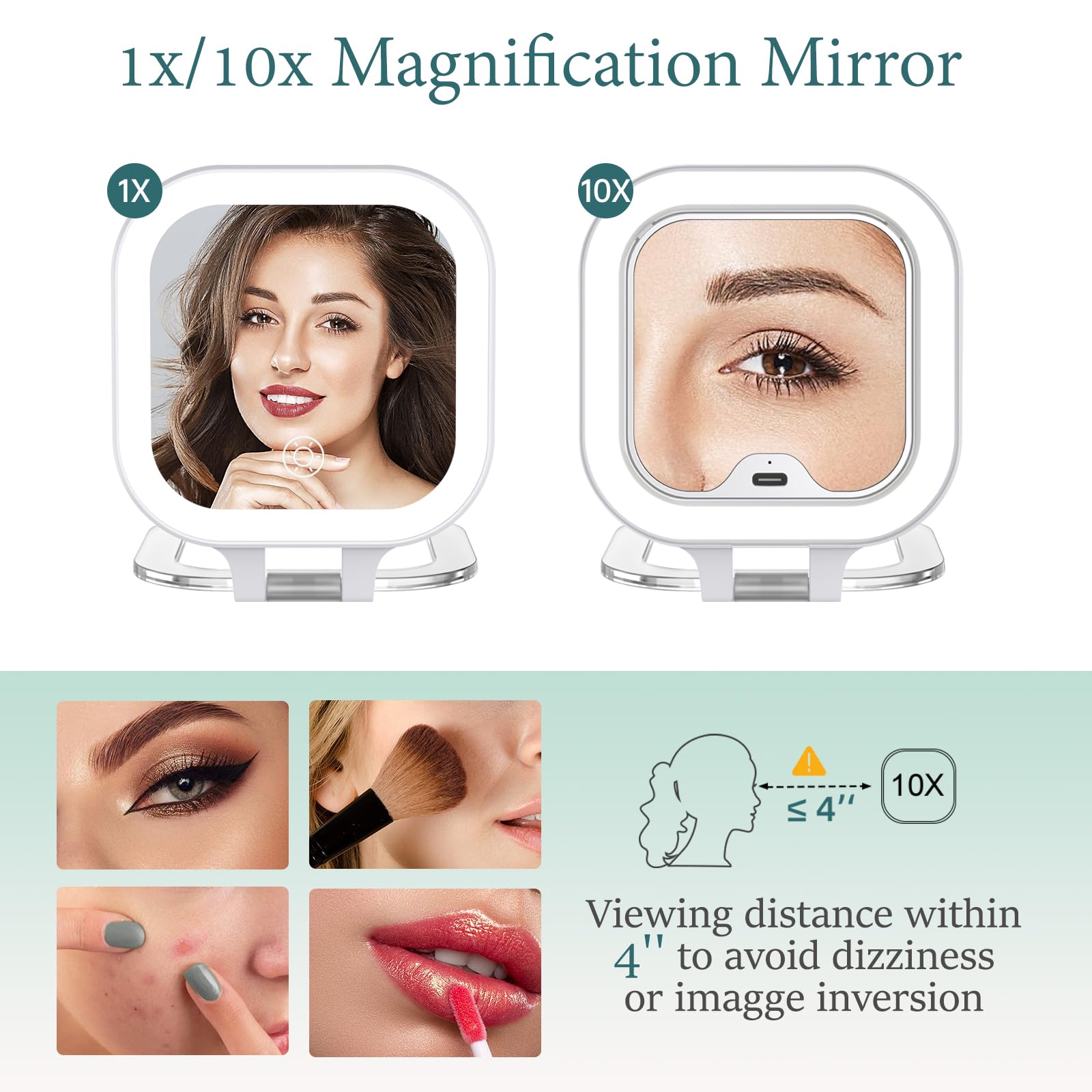 Funtouch Compact Travel Lighted Makeup Mirror, Rechargeable Double-Sided 1X10X Magnification Mirror With 3 Lights, Handheld Tabl
