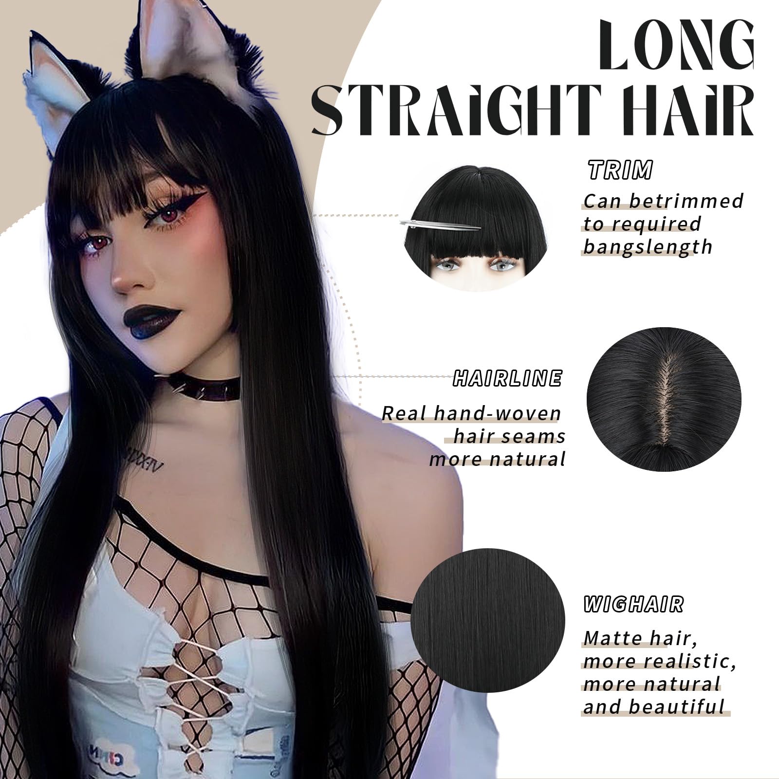 Sukri Long Straight Black Wig With Bangs Natural Black Hair Wigs For Women Synthetic Heat Resistant Wigs For Girls Daily Party U