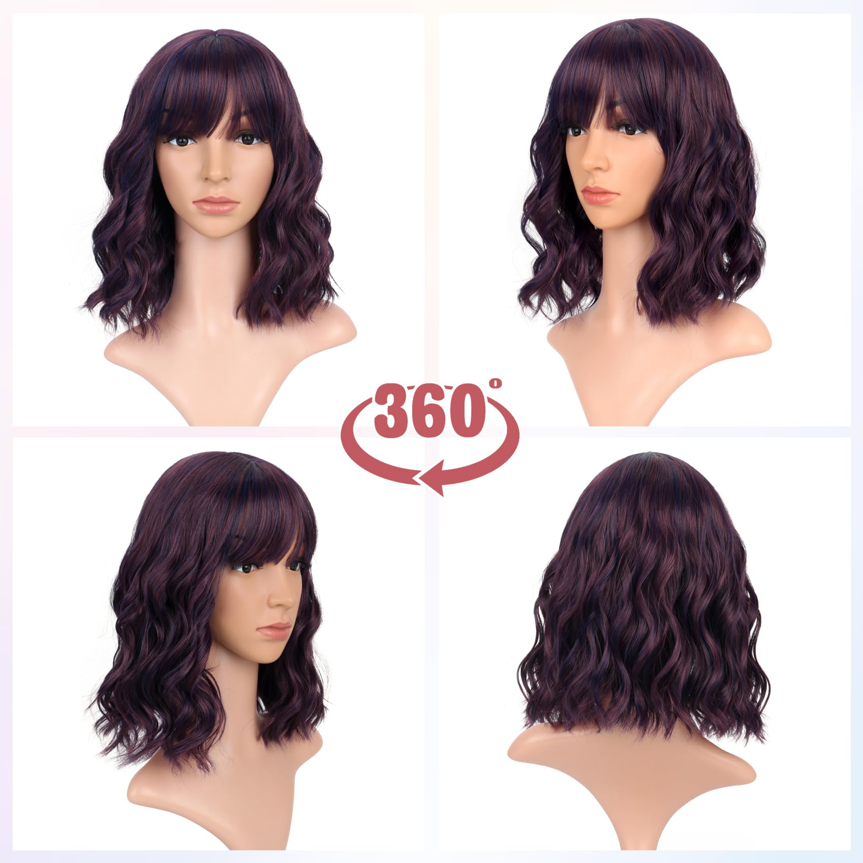 Vckovcko 12Inches Loose Wave Bob Wig Wavy Burgandy Wig With Air Bang Curly Hair Wigs Synthetic Cosplay Party Wigs For Women (12I