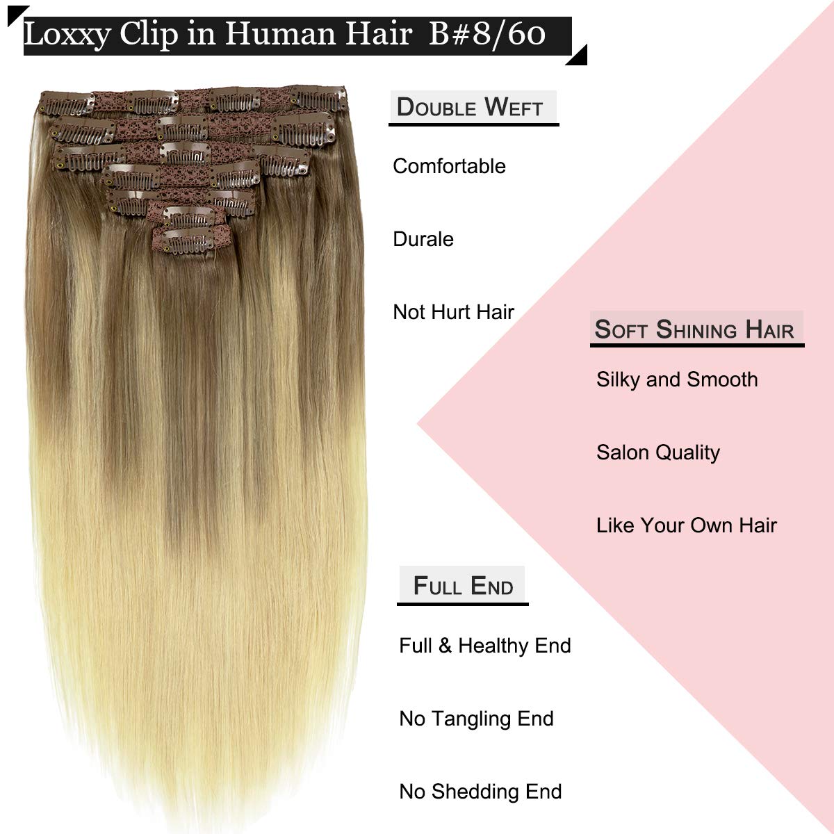 Loxxy 22 Inch Clip In Hair Extensions Remy Human Hair 140G 7Pcs 16 Clips Silky Straight 100% Real Balayage Human Hair Extensions