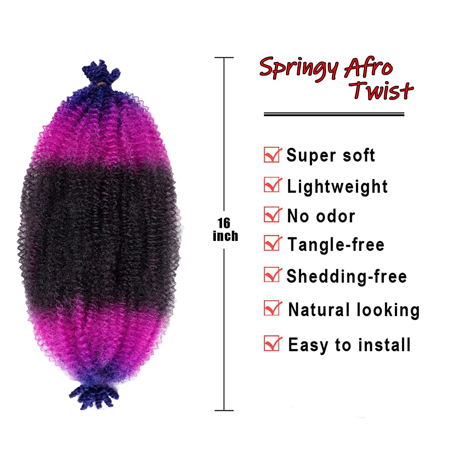 Blonde Brown Ombre 8 Packs Springy Afro Twist Hair 49# 1B Purple Blue 16 inch 3 Tones Pre-Separated Kinky Marley Twist Braiding