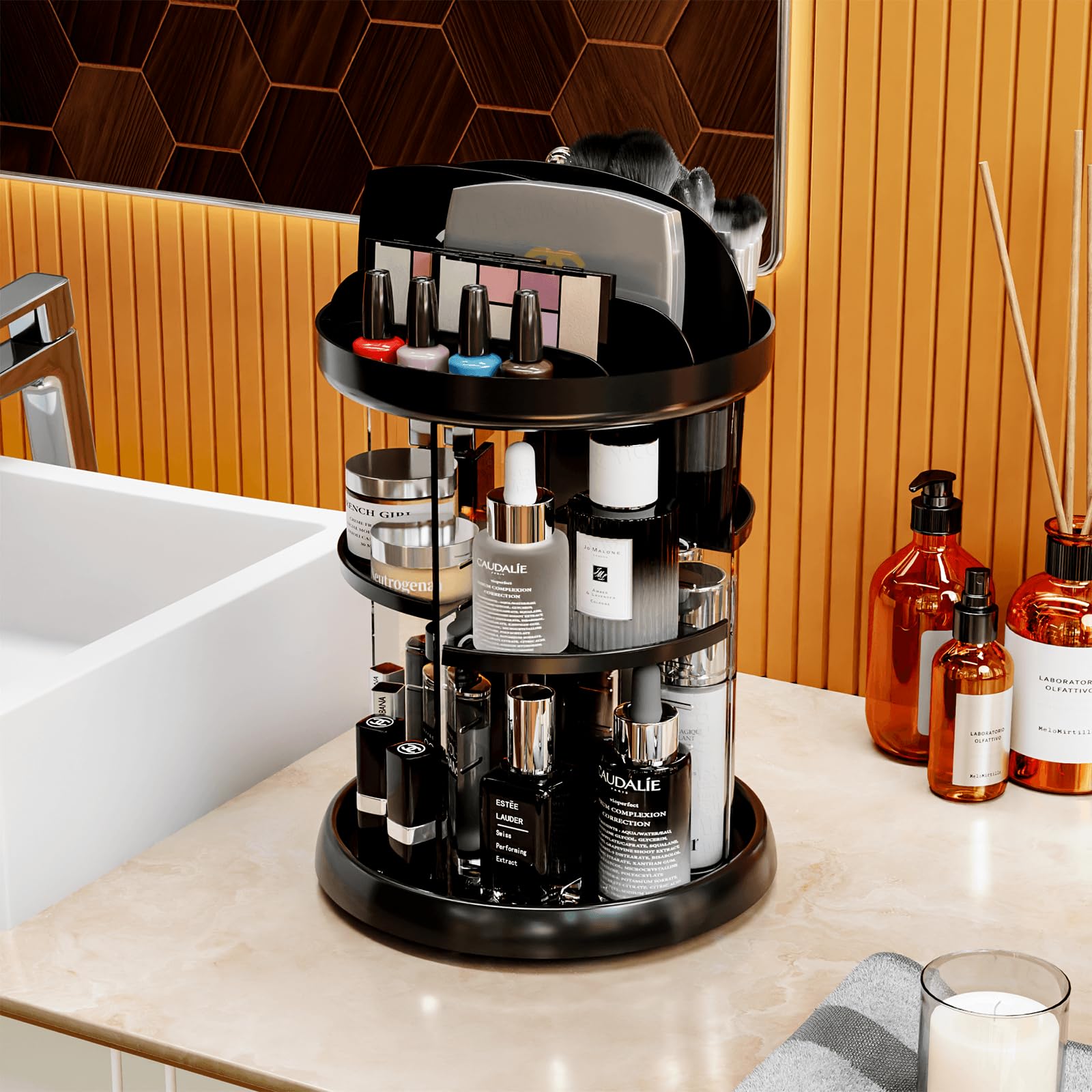 360 Rotating Makeup Organizer For Vanity - 6 Tier Adjustable Spinning Bathroom Counter Cosmetic Display Cases And Makeup Holder