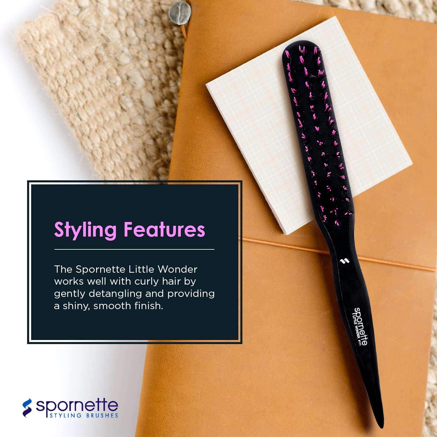 Spornette Little Wonder Teasing Brush, Boar & Tourmaline Nylon Bristles - Tapered Handle For Back Brushing & Combing, Creating V