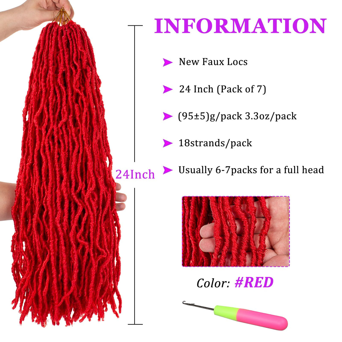 Zrq 24 Inch New Faux Locs Crochet Hair 7 Packs Red Goddess Locs Croche ...
