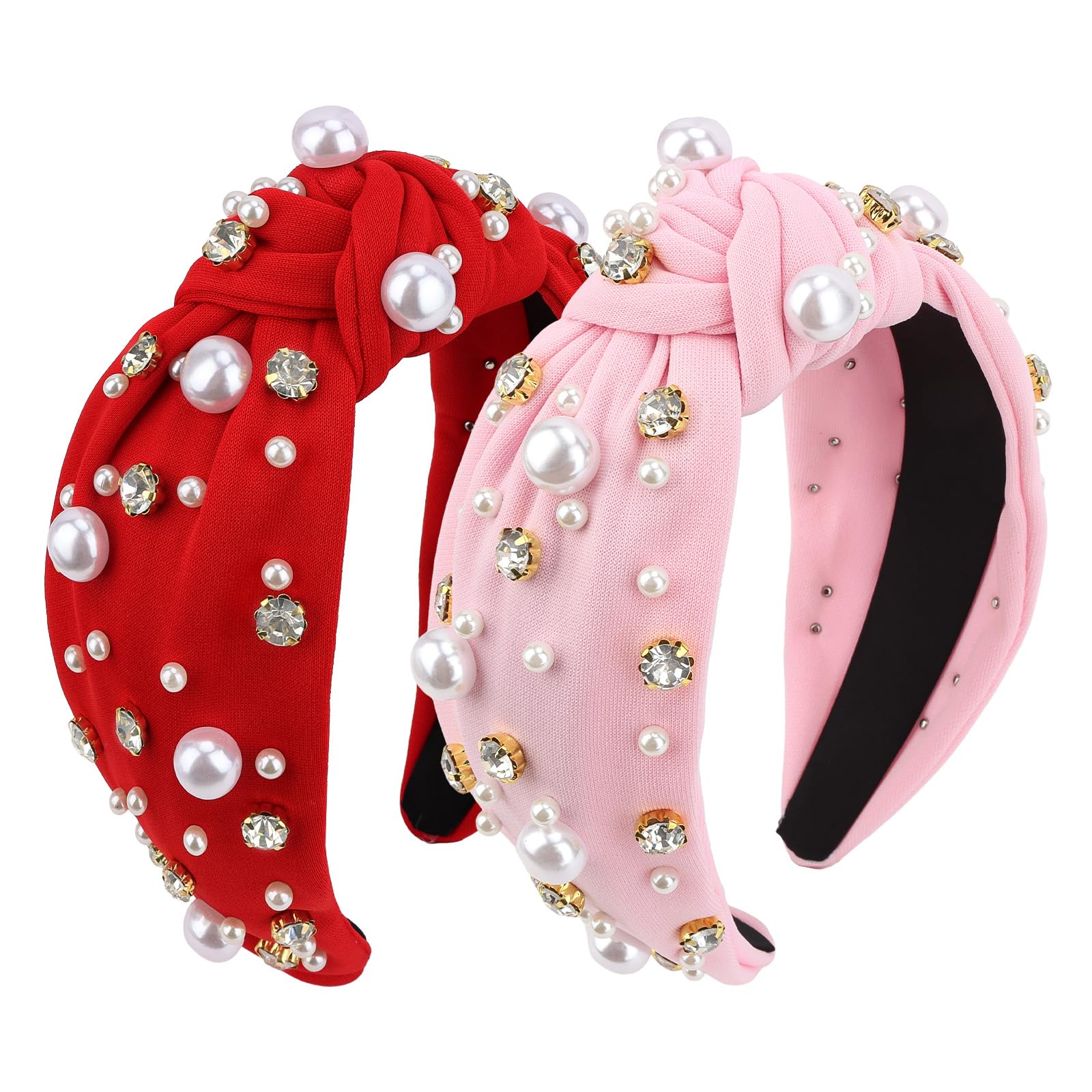 Wecoe 2pcs Knot Headbands Pearl Rhinestone Wide Cloth Headbands Cute Pink Red Head Bands Non Slip Fashion Sparkly Beaded Hairban