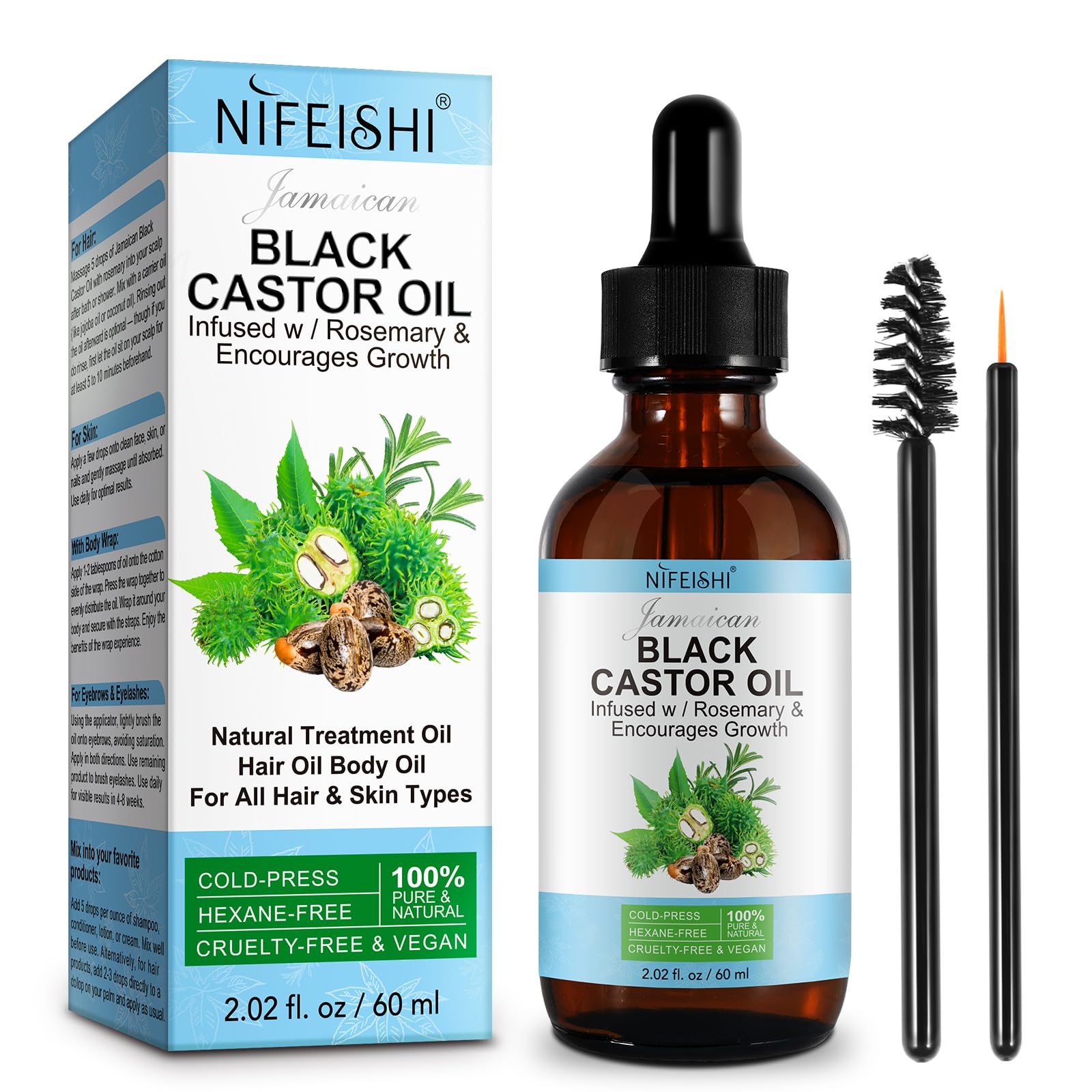 NIFEISHI Organic Castor Oil, Pure Natural Jamaican Black Castor Oil Infused with Rosemary, Cold Pressed Glass Bottles, Boost Hai