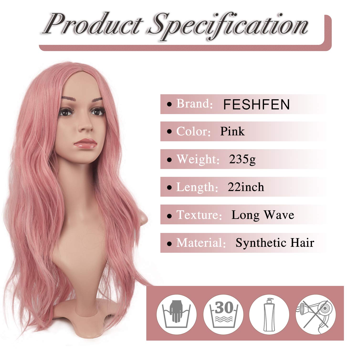 Feshfen Long Pink Wigs For Women 22 Inch Curly Wavy Full Wig Middle Parting Wigs Natural Looking Synthetic Wig Extensions For Da