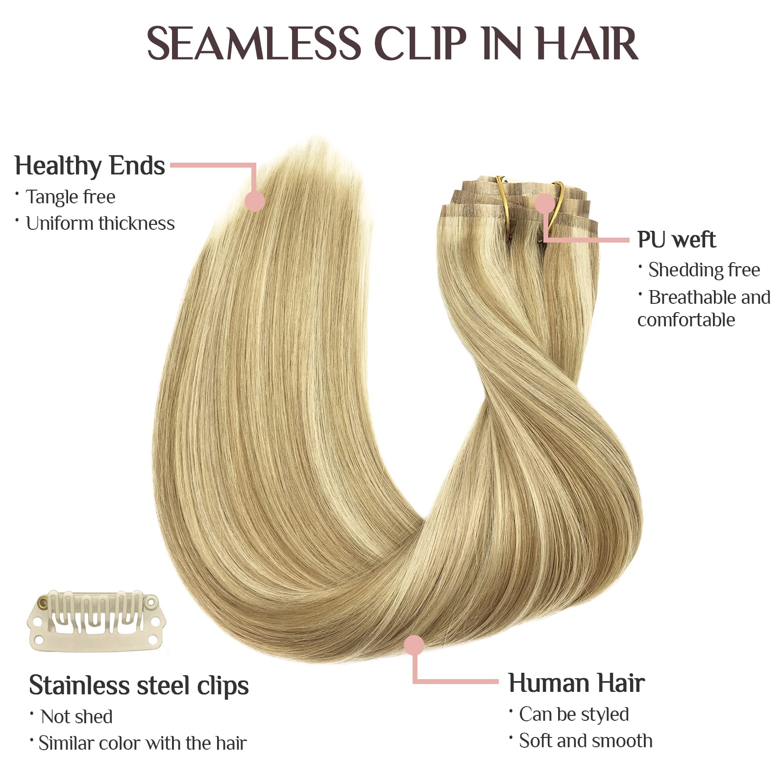Clip In Hair Extensions Real Human Hair, 7Pcs 110G Light Blonde Highlighted Golden Blonde 20 Inch, Maxita Seamless Hair Extensio