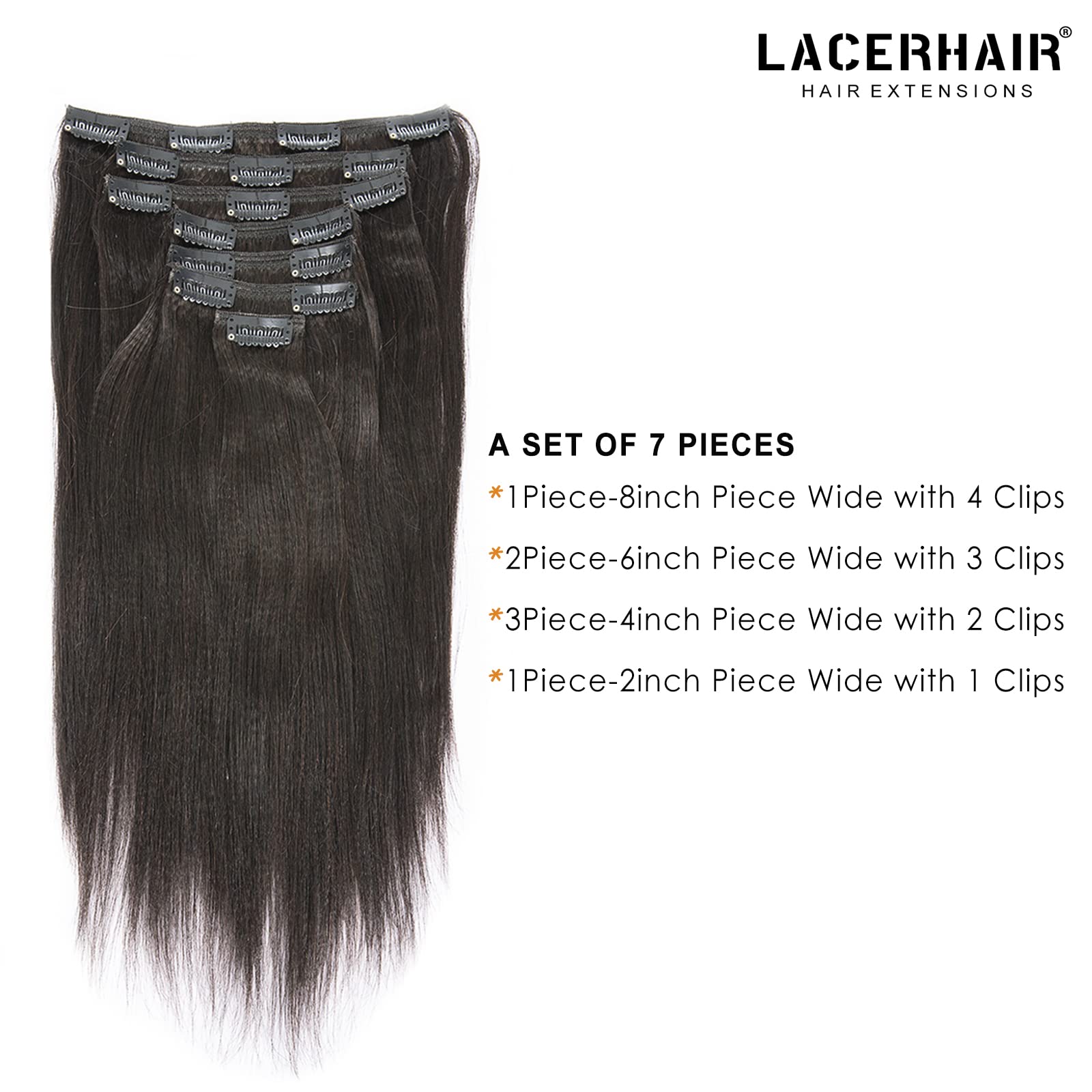 Lacer 10 Inch Yaki Clip In Hair Extensions Human Hair, Natural Black Thick Light Yaki Straight Clip Ins Remy Human Hair For Fash