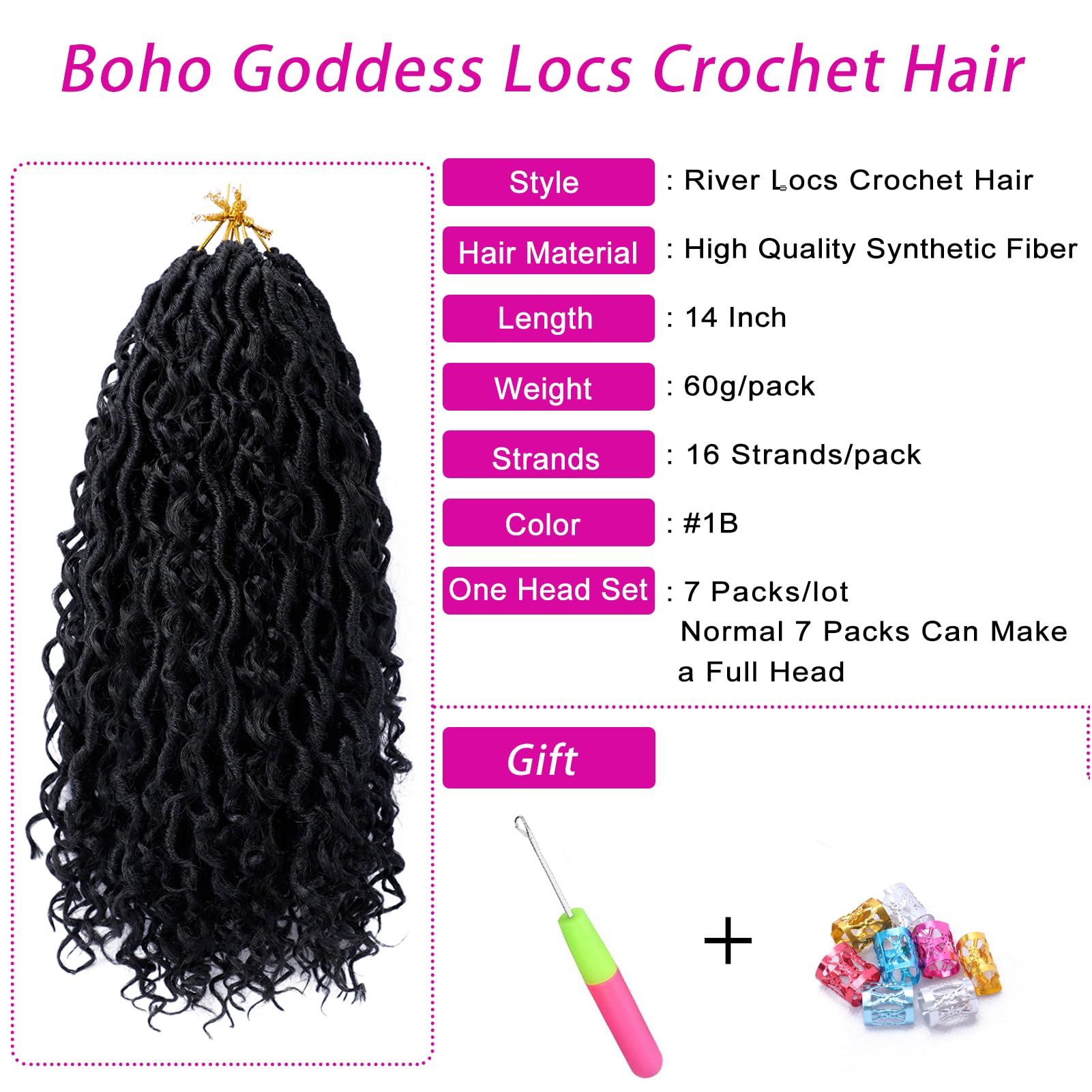 Goddess Locs Crochet Hair 14 Inch 7 Packs Boho Faux Locs Crochet Hair for Black Women Pre Looped Crochet Locs with Curly Ends (#