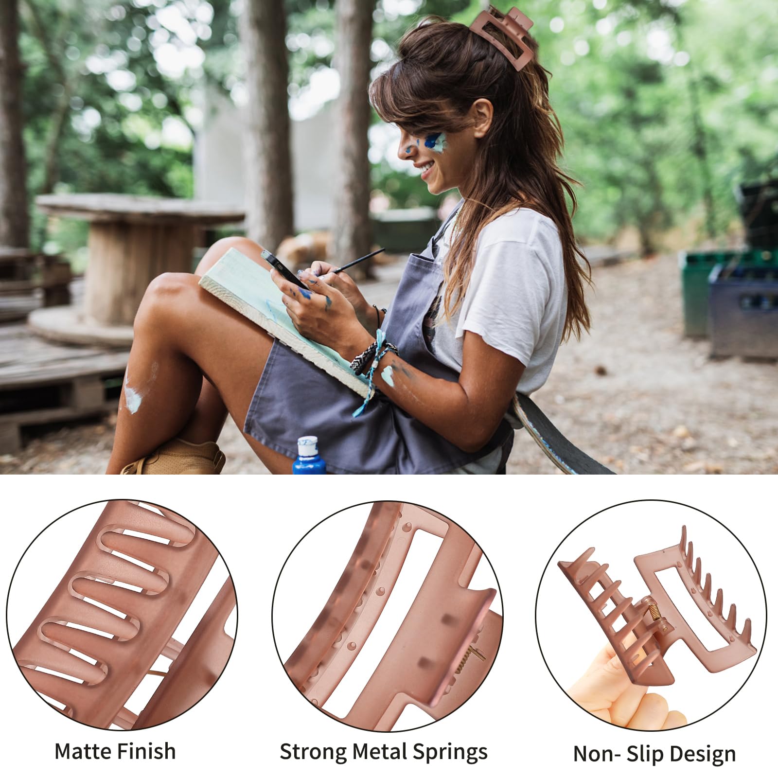 Sisiaipu 3.5 Inch Medium Hair Accessories - 6 Pack Square And Rectangle Banana Jaw Clips For Women And Girls - Tea