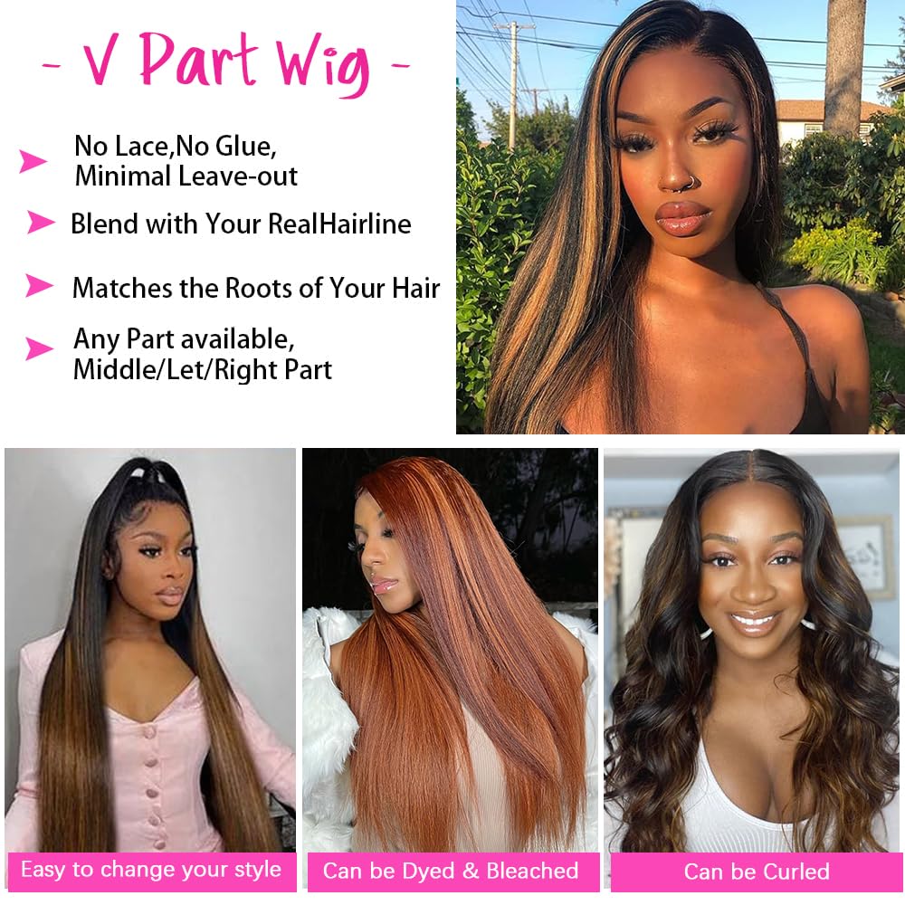Pobokix Highlight V Part Wigs Human Hair Straight Brazilian Virgin Human Hair Wigs Ombre Brown Upgrade U Part Wigs 180% Density