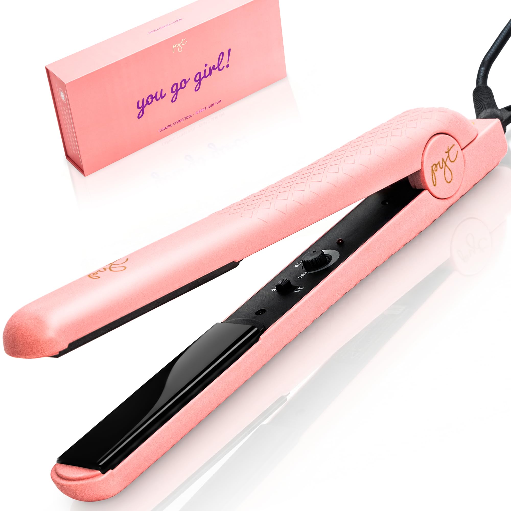 PYT Professional Ceramic Hair Straightener – 100% Ceramic Plates, 1.25 Inch, Negative Ion Technology, Dual Voltage, Travel-Friendly Flat Iron for Smooth, Frizz-Free Styling,(Pink)