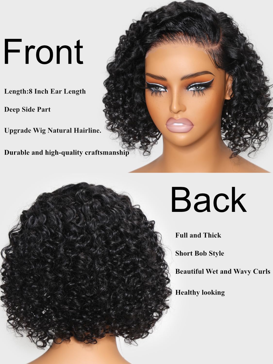 UNICE 10" Short Curly Bob Wig - Human Hair, Pre-Plucked, Glueless, HD Lace Closure, Black Color