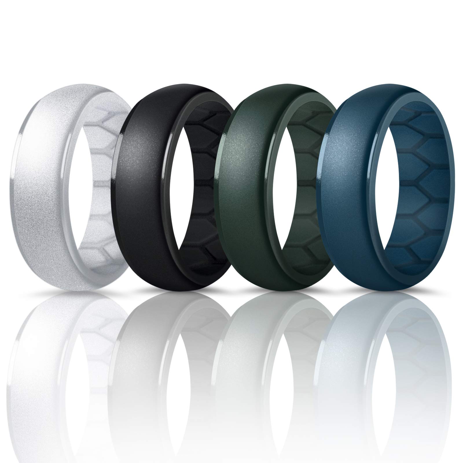 Forthee Silicone Wedding Ring for Men, 4-Pack Breathable Step Edge Sleek Design Rubber Bands, Comfortable Fit Skin Safe Durable 