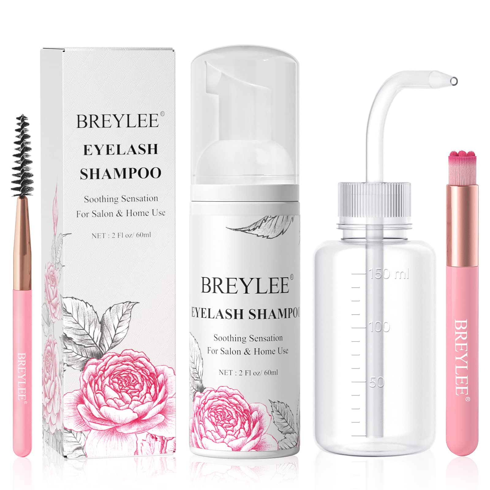 Breylee Shampoo For Lash Extensions, 60Ml+Rinse Bottle+Brushes, Eyelash Extension Cleanser, Lash Wash Bath, Lash Cleaner, Parabe