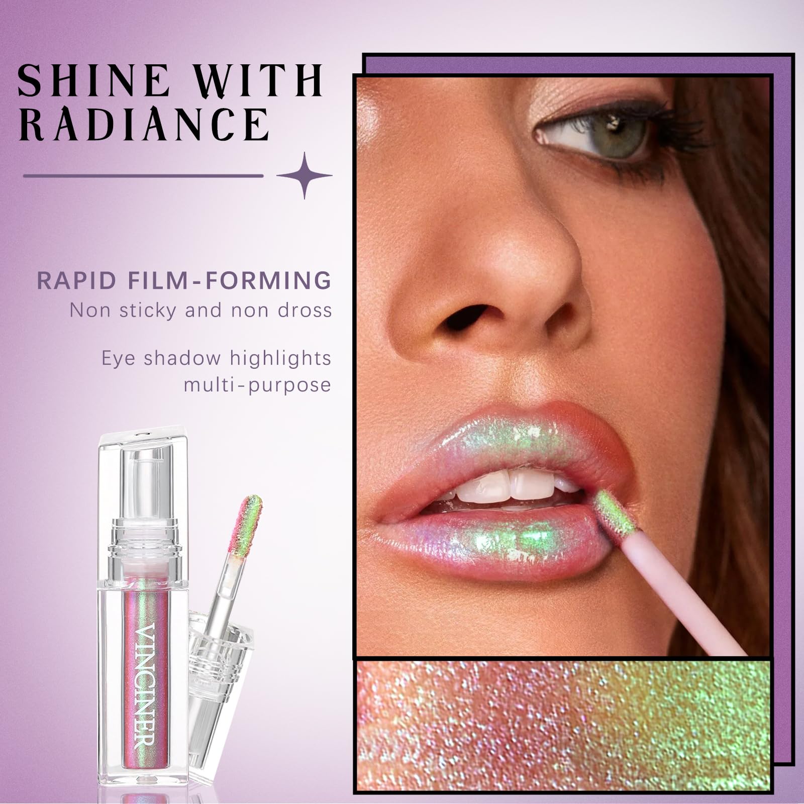 Hosaily Glitter Chameleon Liquid Lipsticks, Diamond Shimmer Glow Metallic Lip Gloss, Long Lasting Waterproof Shiny Glimmer Spark